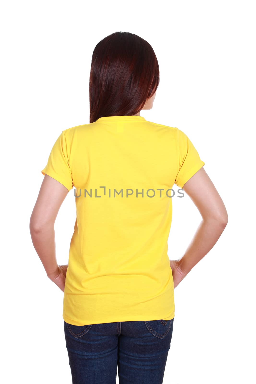 female with yellow blank t-shirt (back side) isolated on white background