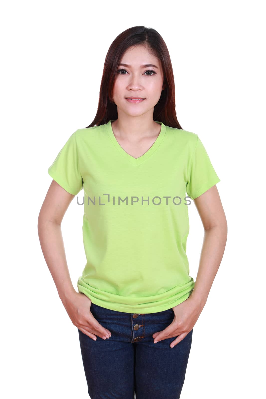 young beautiful female with blank green t-shirt isolated on white background