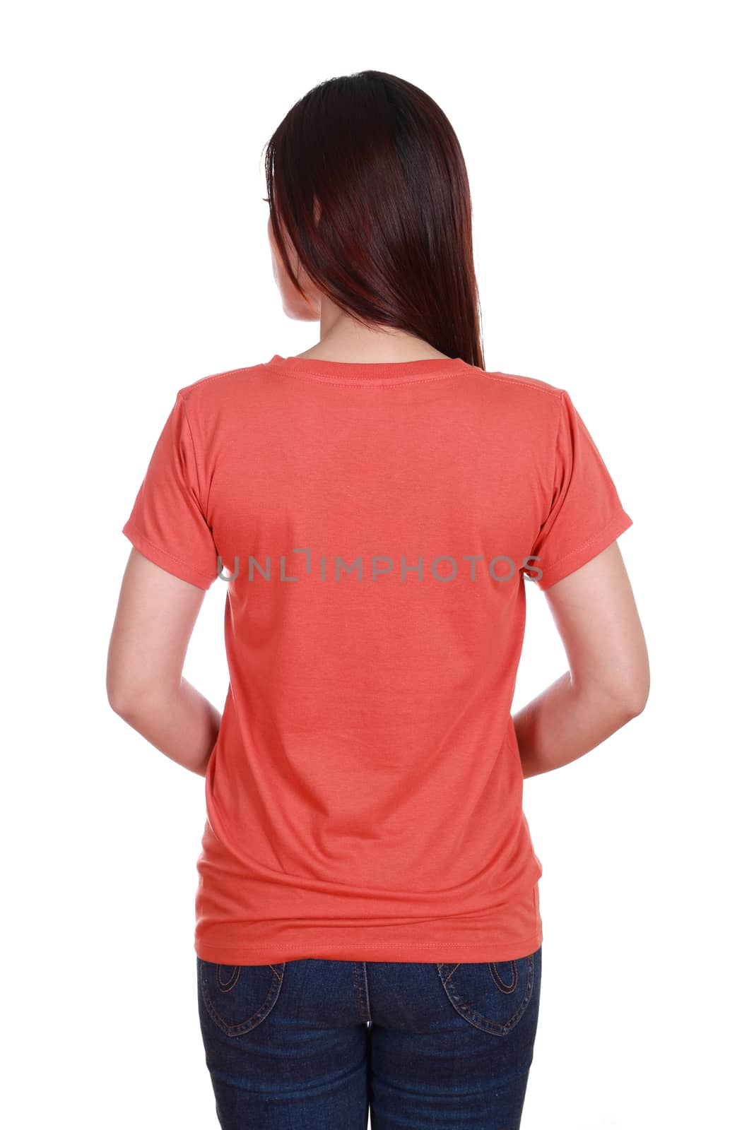 female with blank red t-shirt (back side) isolated on white background