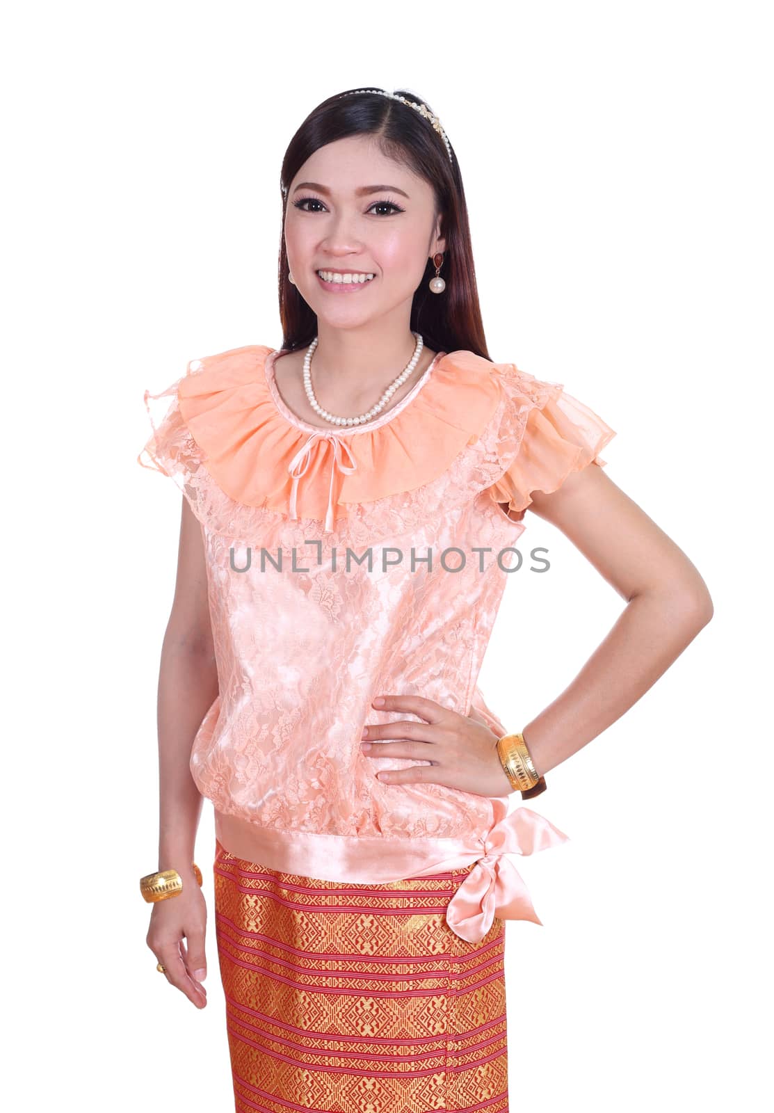 woman wearing typical thai dress isolated on white background, identity culture of thailand