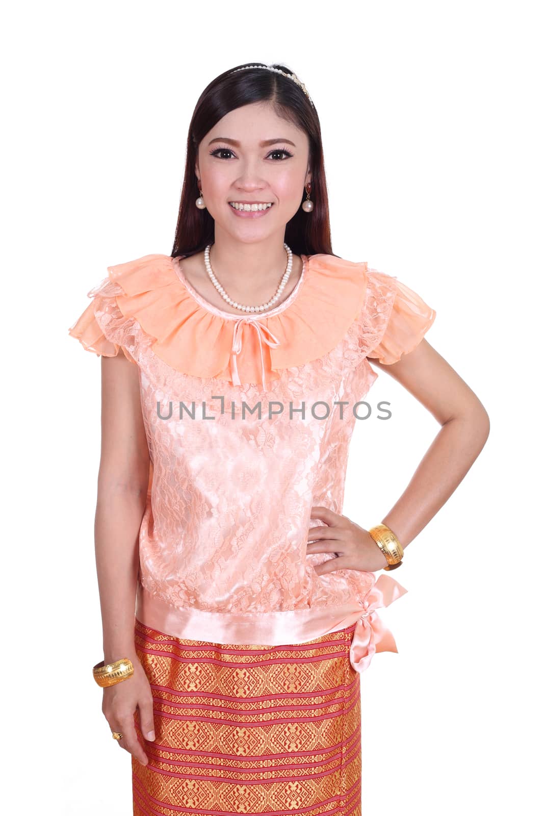 woman wearing typical thai dress isolated on white background, identity culture of thailand