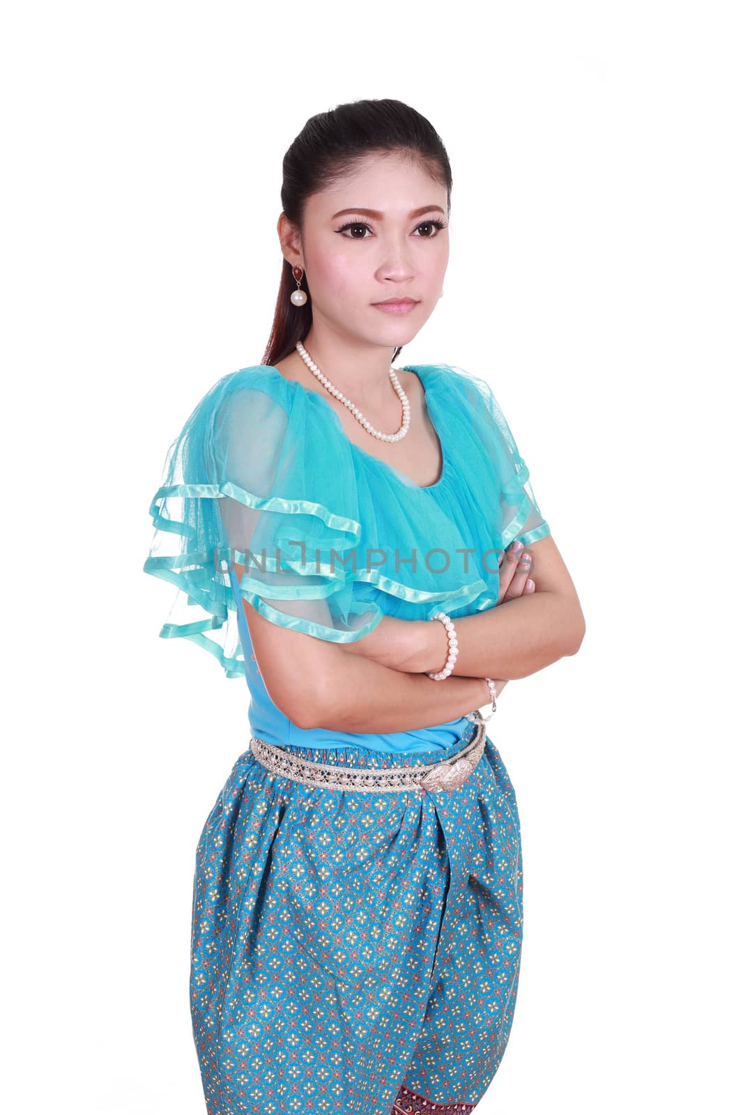 woman wearing typical thai dress isolated on white background, identity culture of thailand