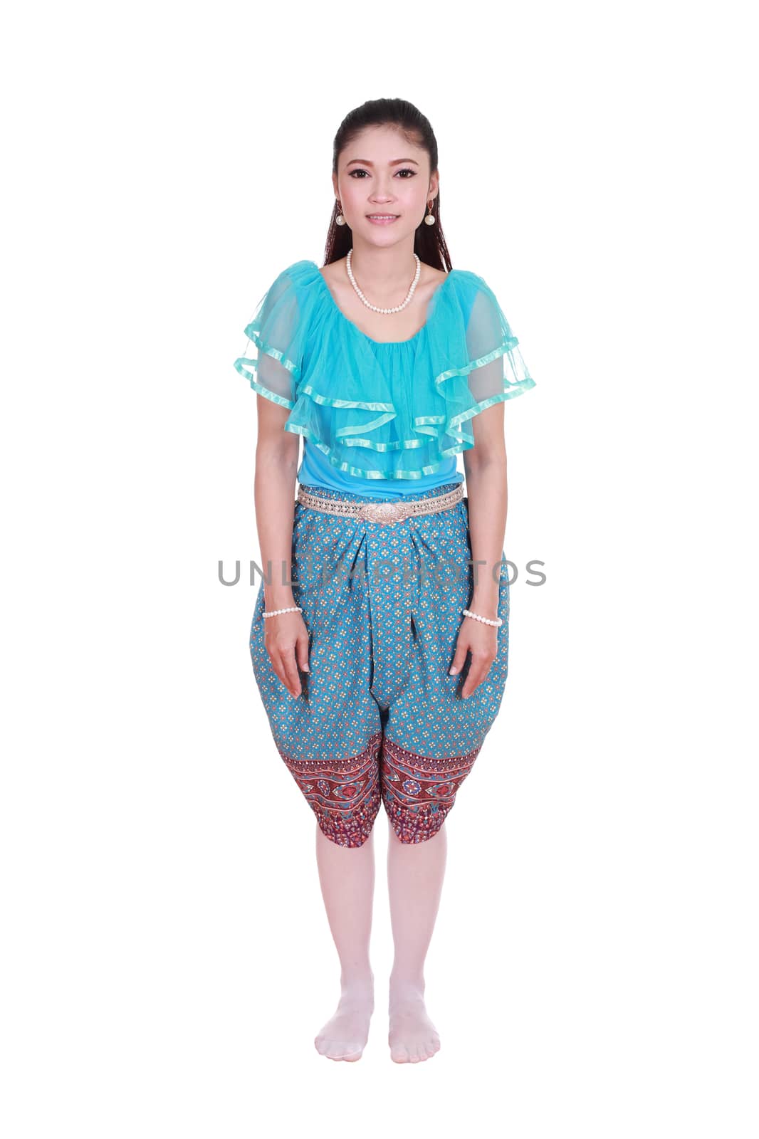 woman wearing typical thai dress isolated on white background, identity culture of thailand