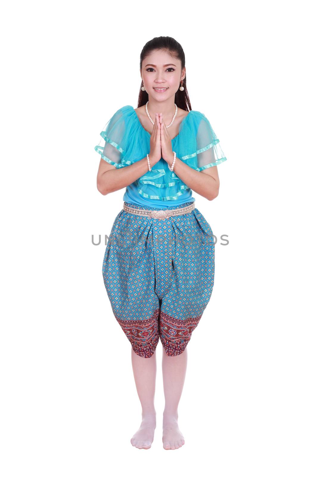 woman wearing typical thai dress pay respect isolated on white b by geargodz