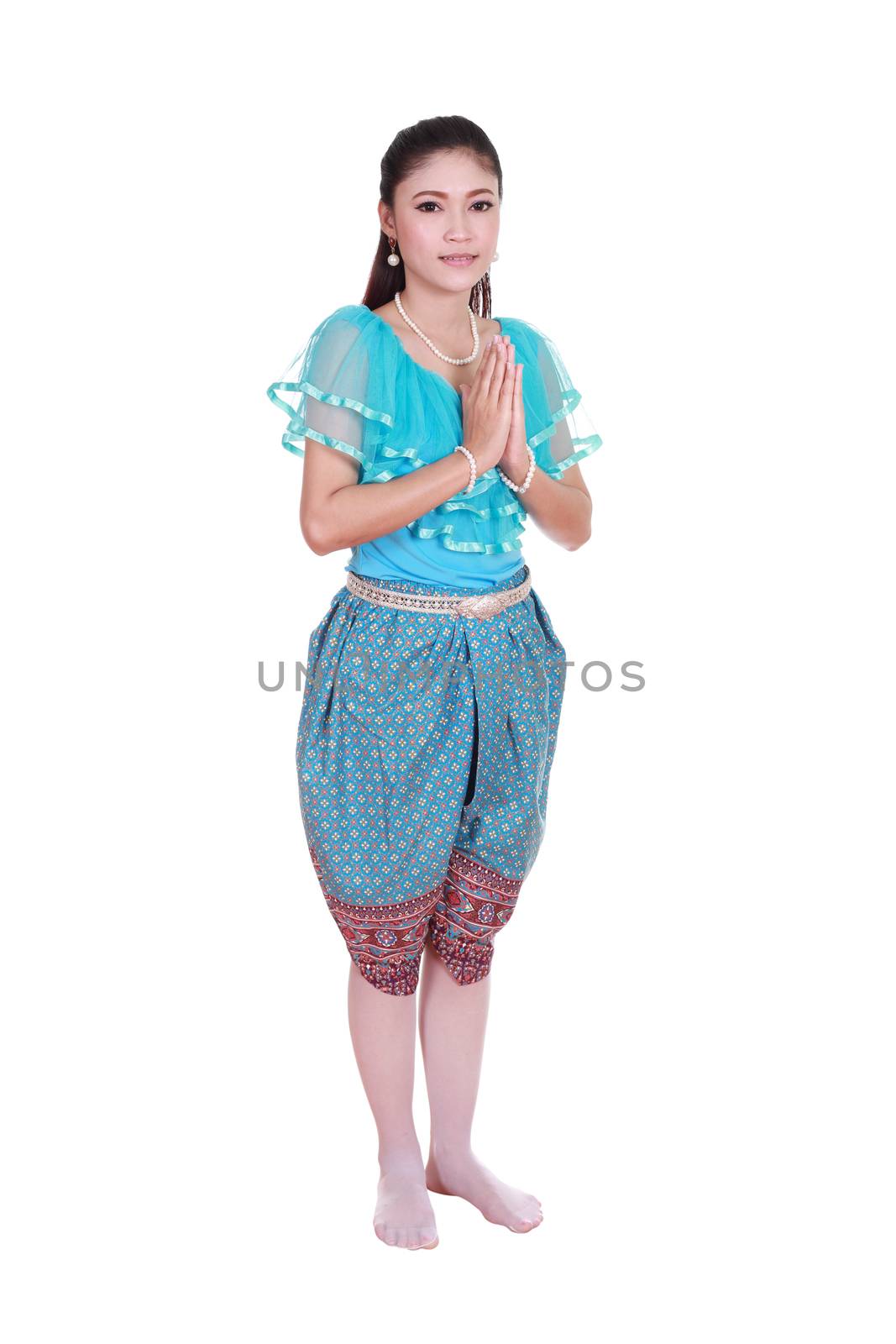 woman wearing typical thai dress pay respect isolated on white b by geargodz