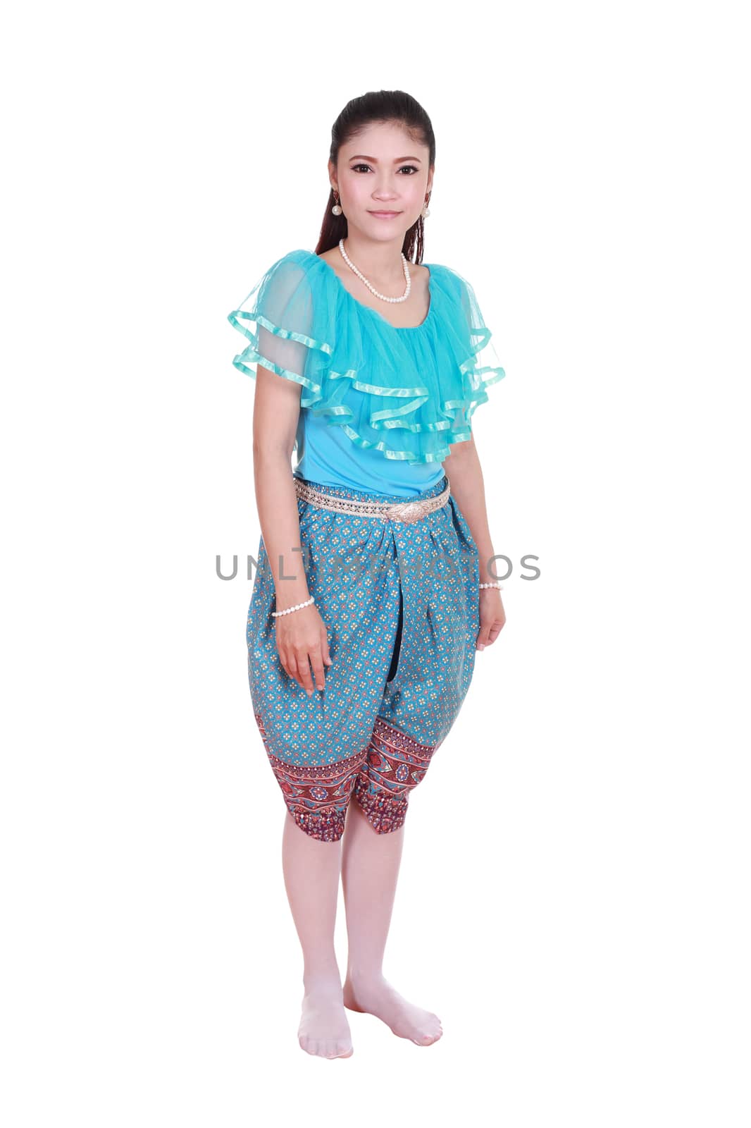 woman wearing typical thai dress isolated on white background, identity culture of thailand