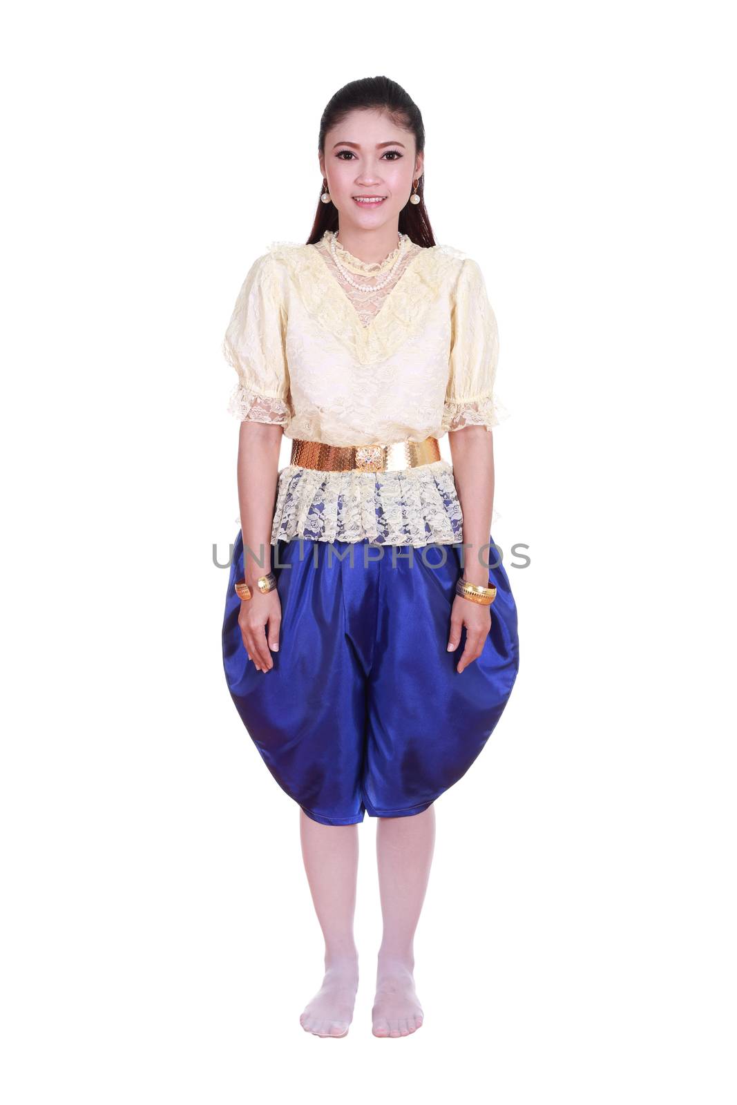 woman wearing typical thai dress isolated on white background, identity culture of thailand