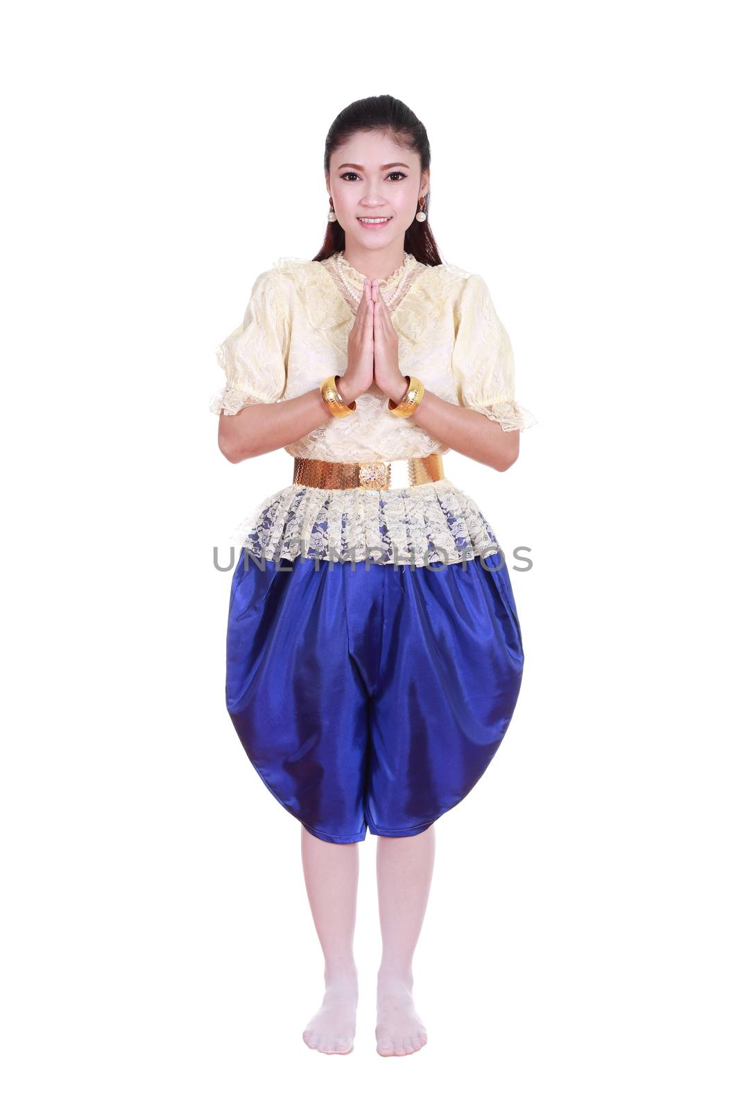 woman wearing typical thai dress pay respect isolated on white b by geargodz