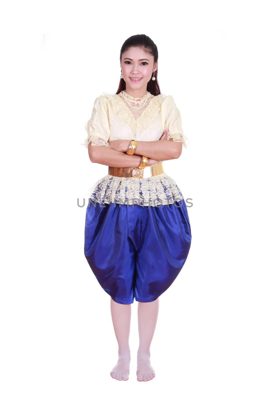 woman wearing typical thai dress isolated on white background, identity culture of thailand