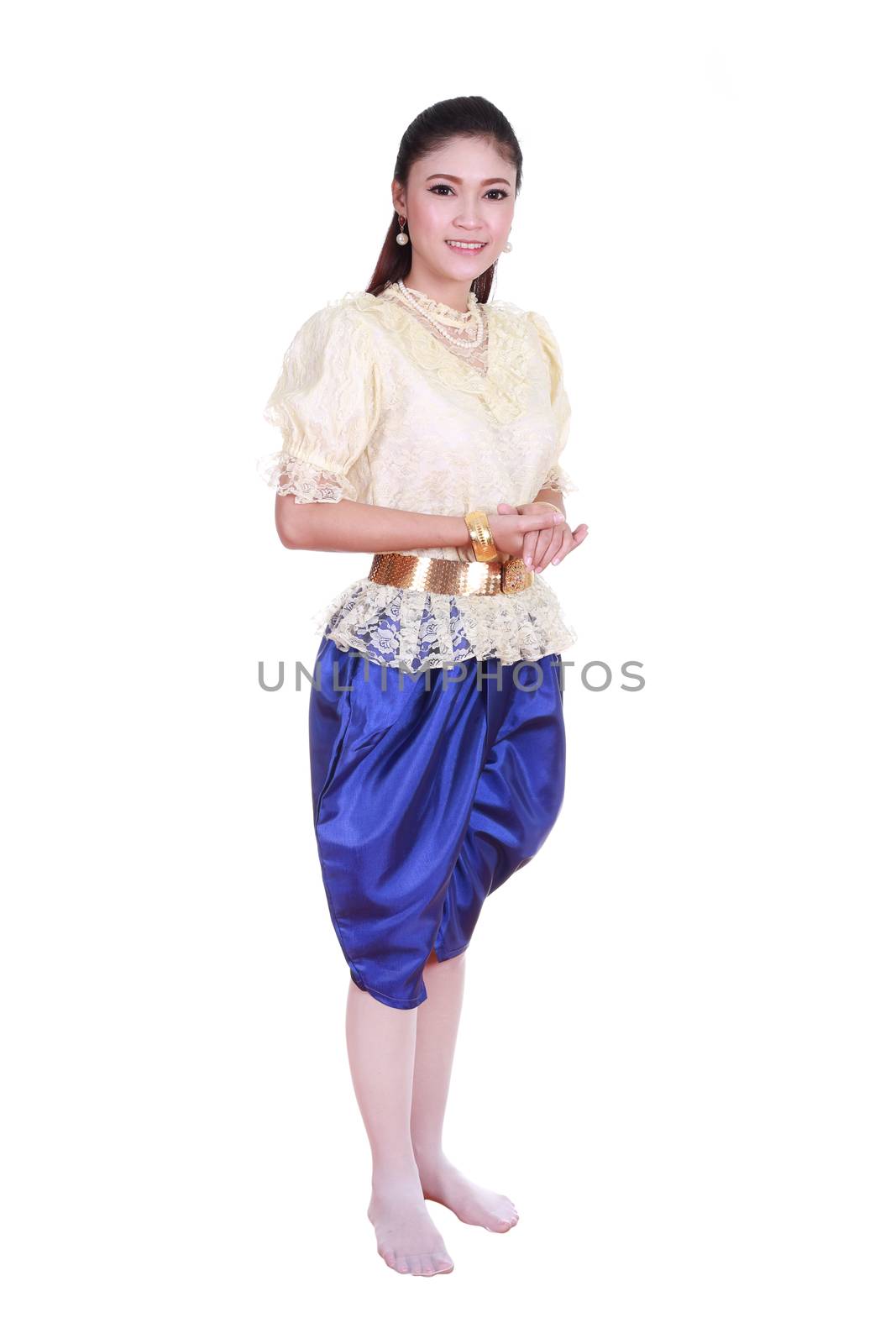 woman wearing typical thai dress isolated on white background, identity culture of thailand