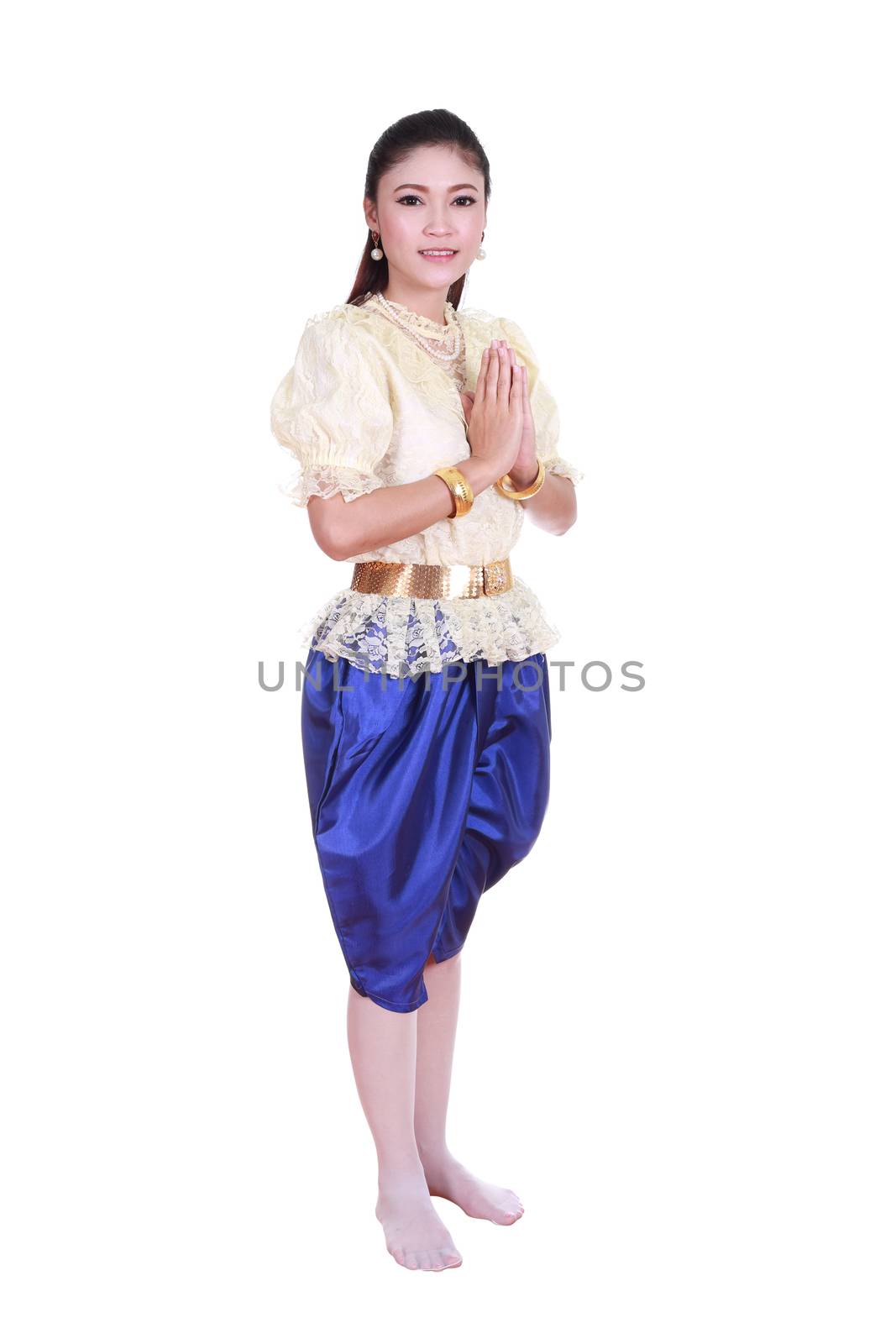 woman wearing typical thai dress pay respect isolated on white b by geargodz