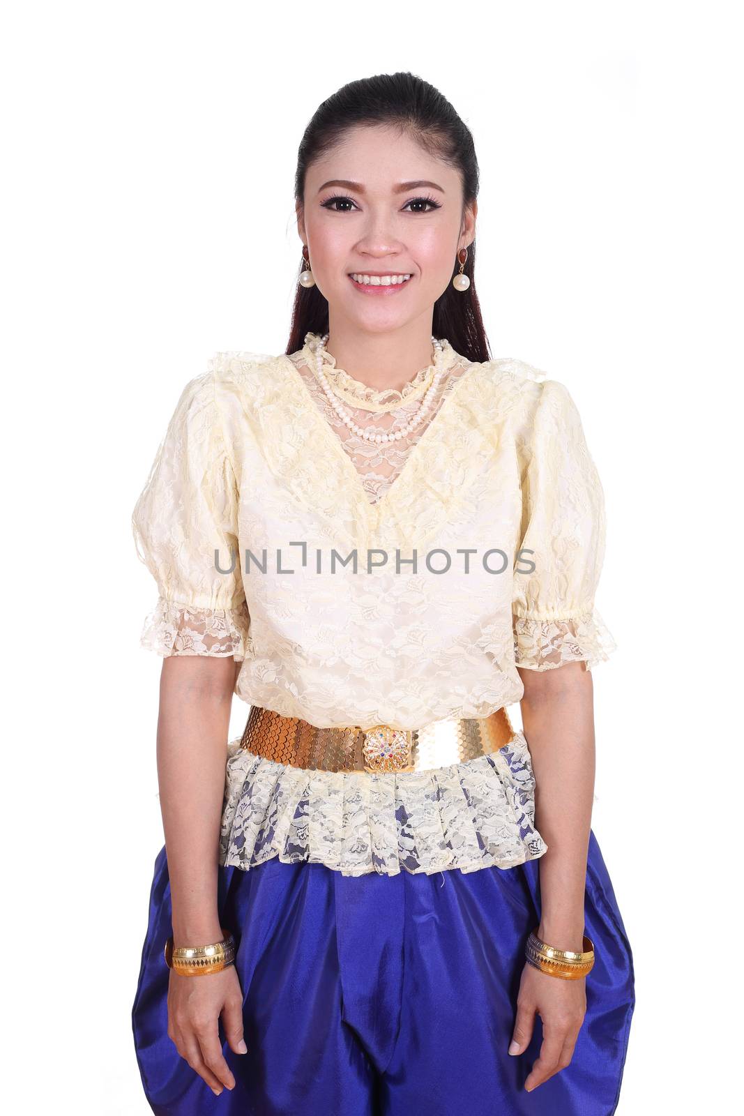 woman wearing typical thai dress isolated on white background, identity culture of thailand