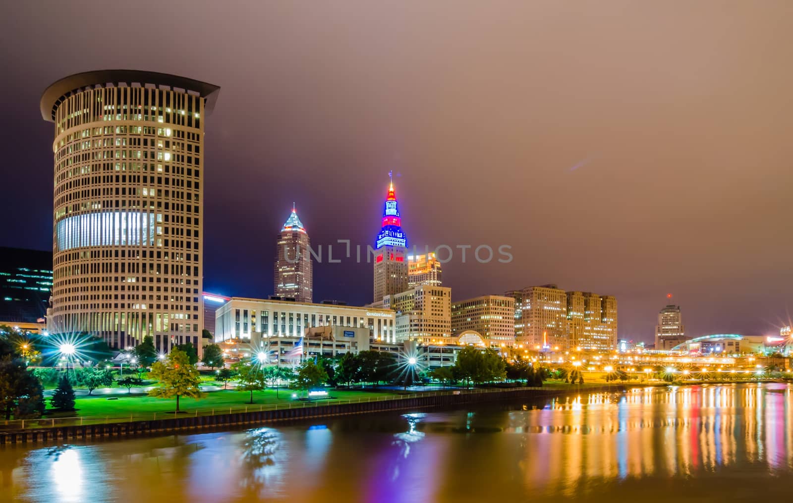 Cleveland downtown at twilight blue hour.