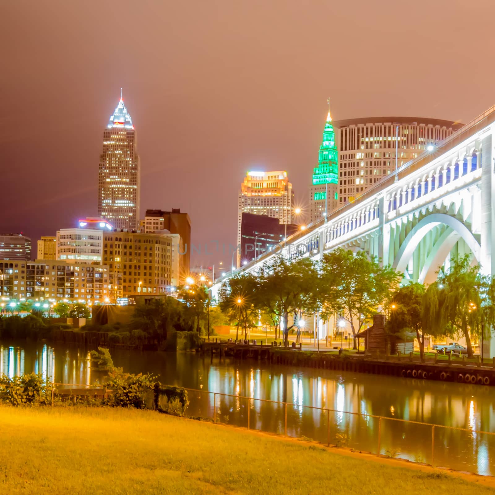 Cleveland downtown at twilight blue hour.