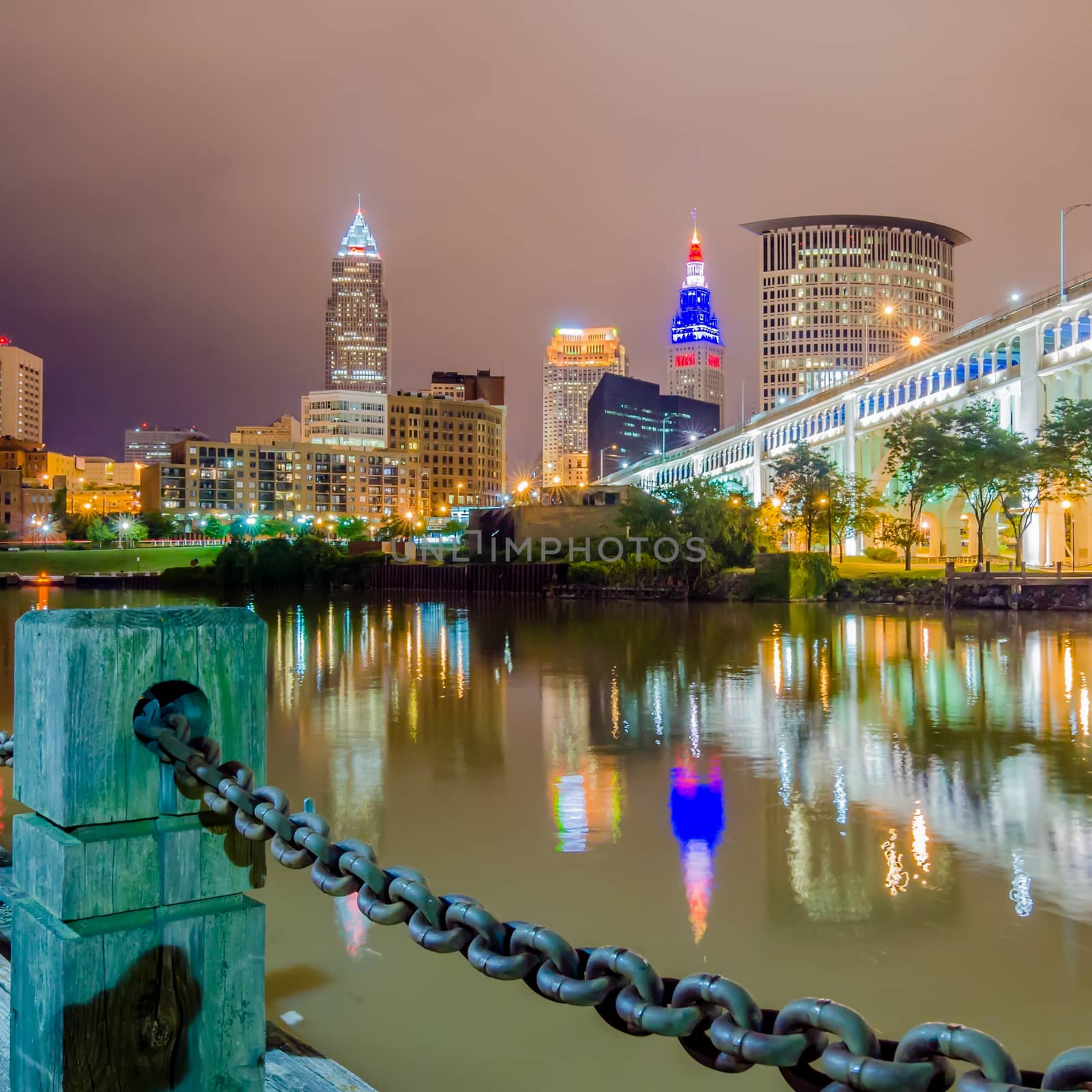 Cleveland downtown at twilight blue hour.