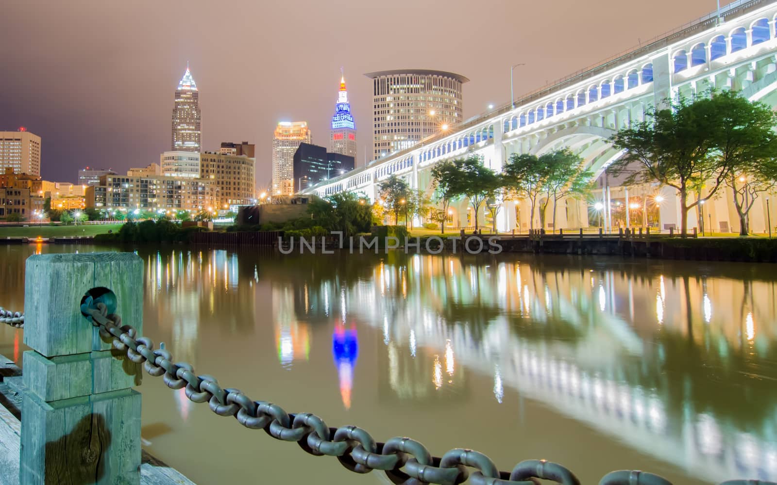 Cleveland downtown at twilight blue hour.