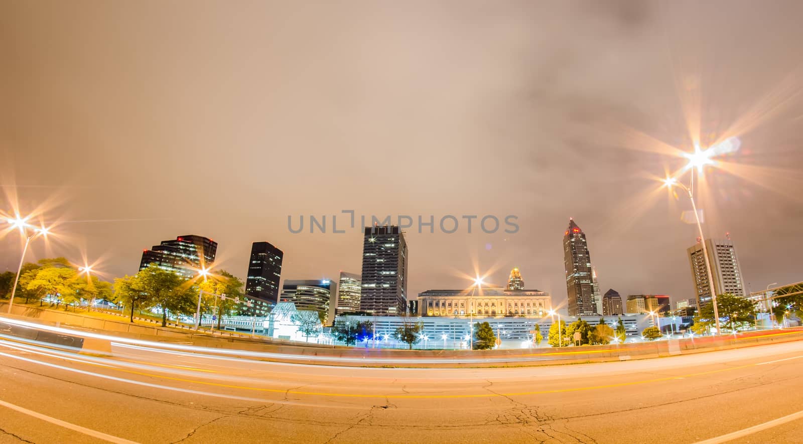 Cleveland downtown at twilight blue hour.