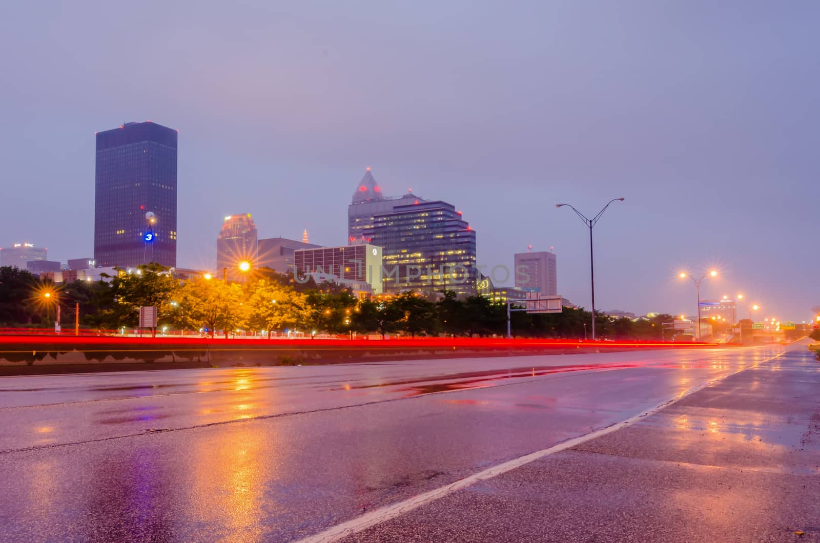 Cleveland downtown at twilight blue hour.