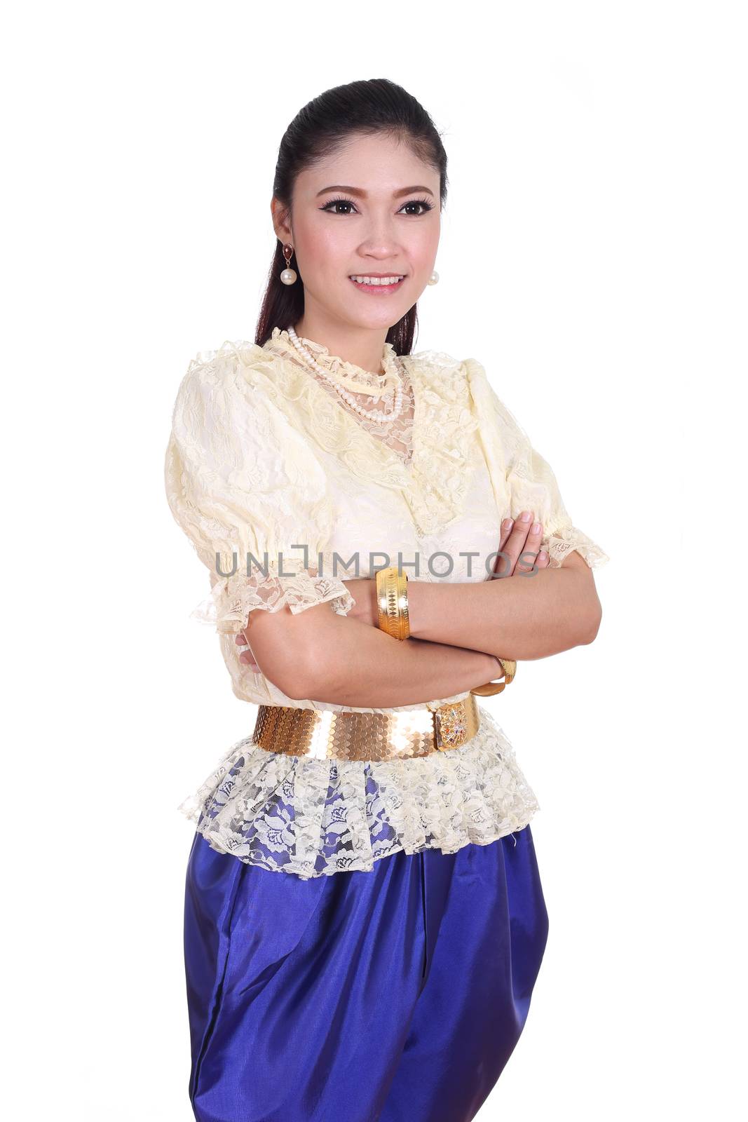 woman wearing typical thai dress isolated on white background, identity culture of thailand