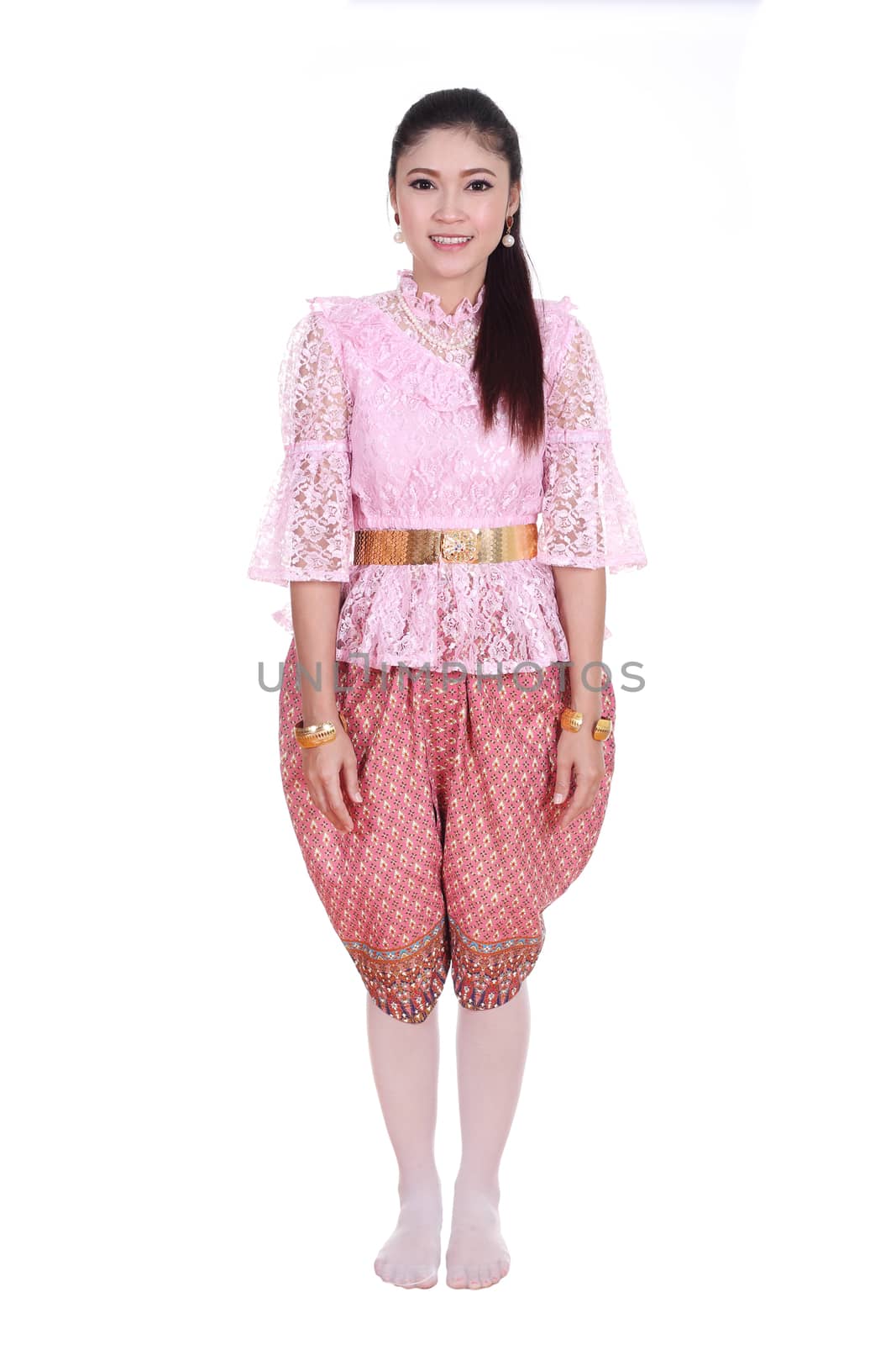 woman wearing typical thai dress isolated on white background, identity culture of thailand