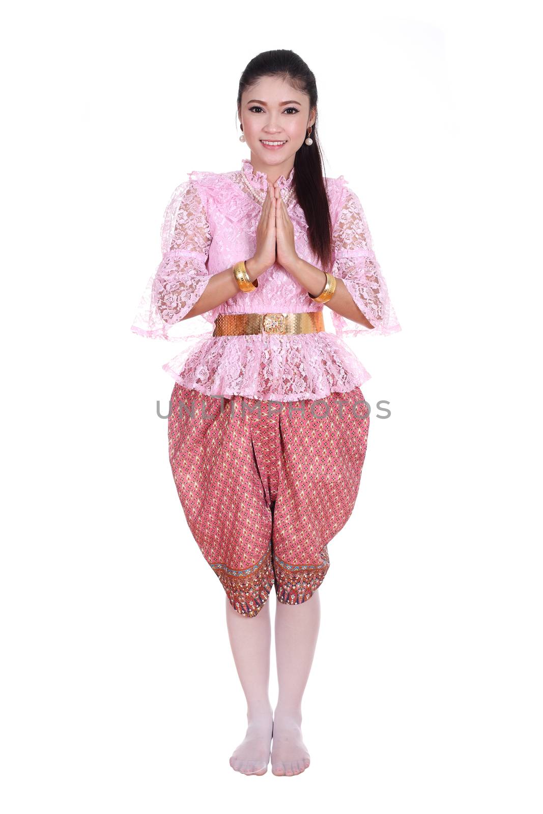 woman wearing typical thai dress pay respect isolated on white b by geargodz