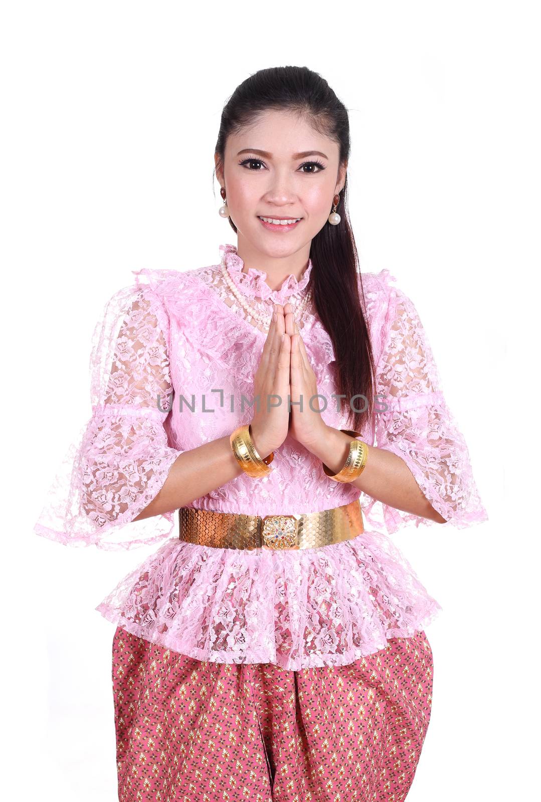 woman wearing typical thai dress pay respect by geargodz