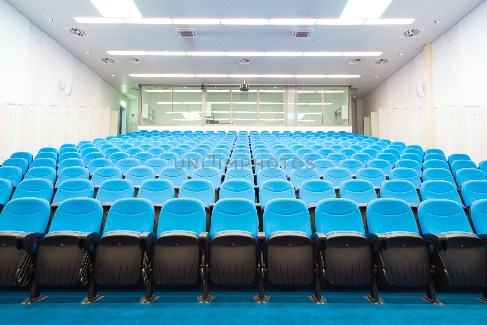 Interior of empty conference hall with blue velvet chairs.