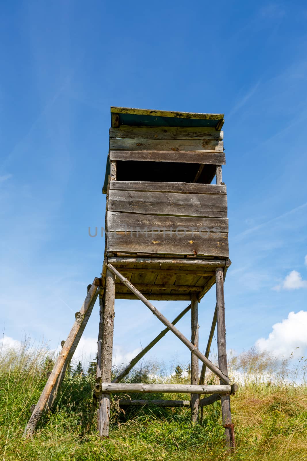 Wooden Hunters High Seat in rural Landscape, Czech Republic Scenery 