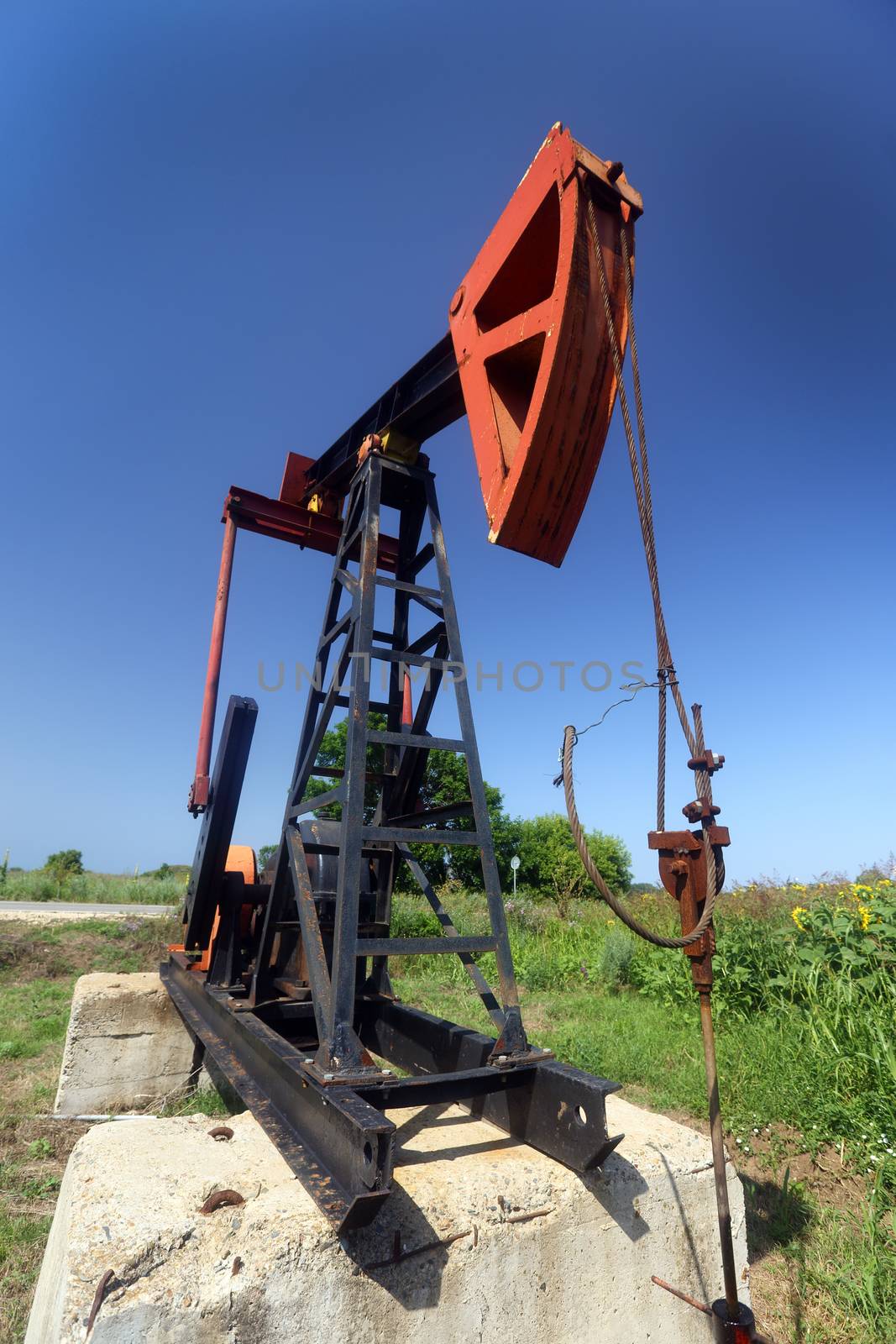 Oil pump jack working in the field 