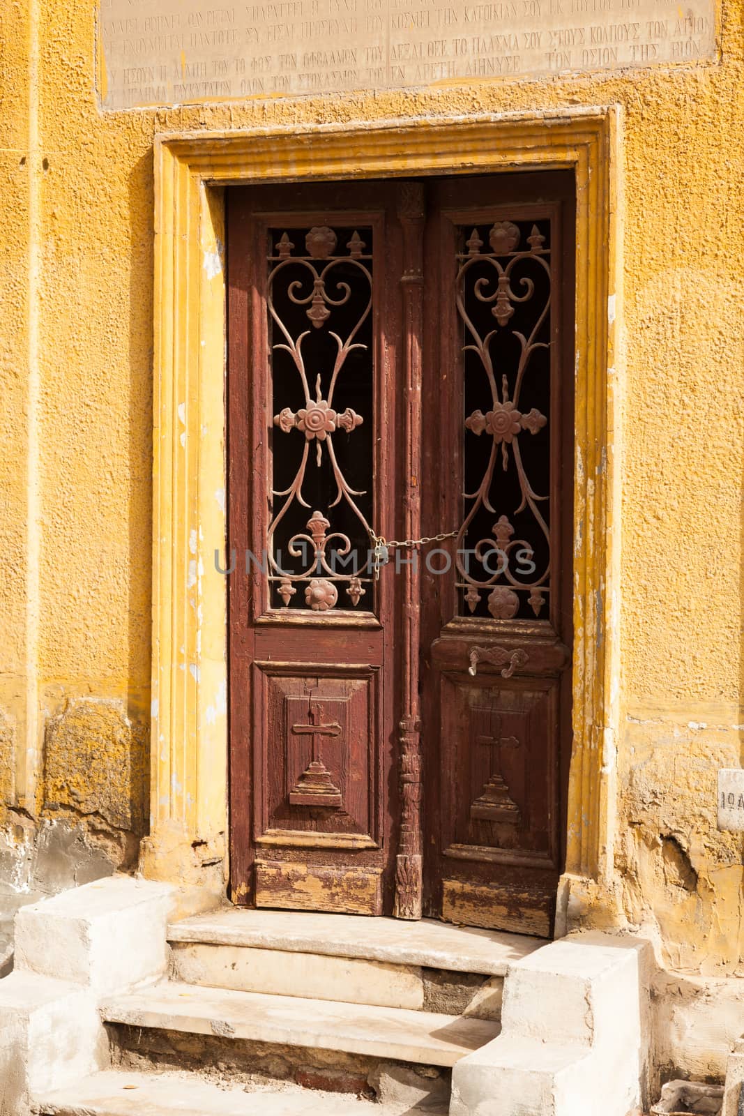 Wooden doors leading into crypt in the Greek Orthodox cemetery in Convent of St George in Coptic or Old Cairo in Egypt