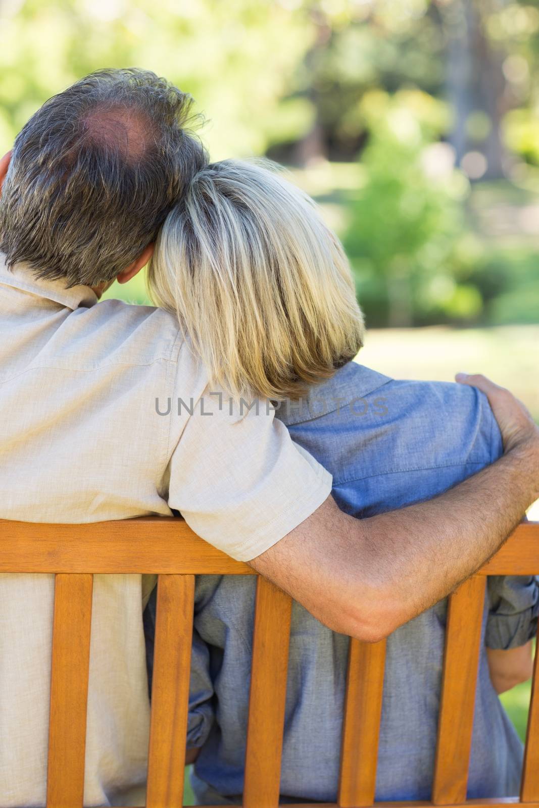 Rear view of affectionate couple relaxing on bench in park