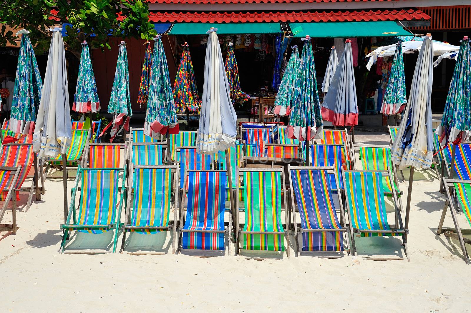 colorful of Deck Chairs on the Beach in Sunny Day ,Pattaya Thailand.