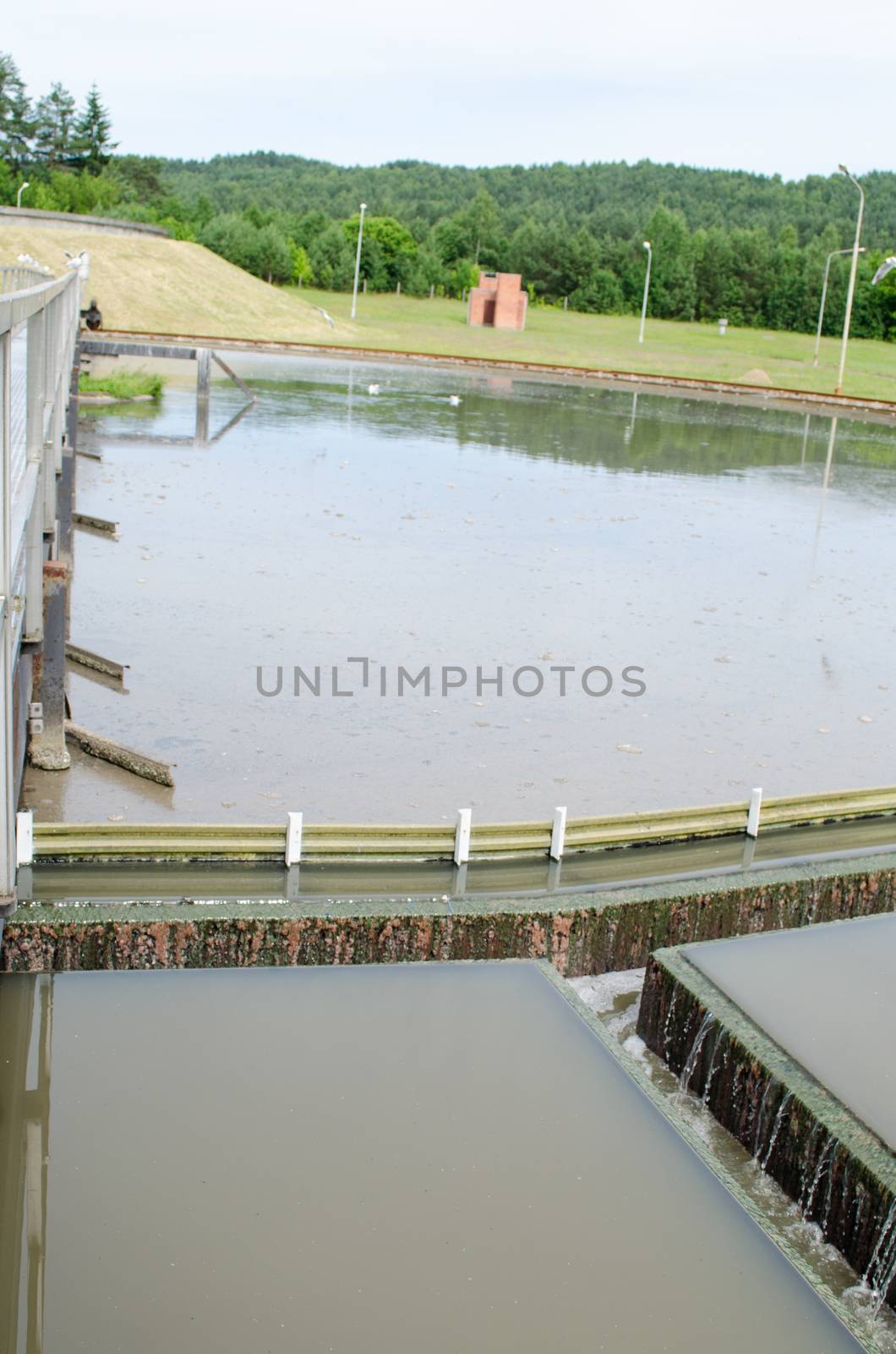 Primary sewage waste water clarification step in treatment facility equipment.