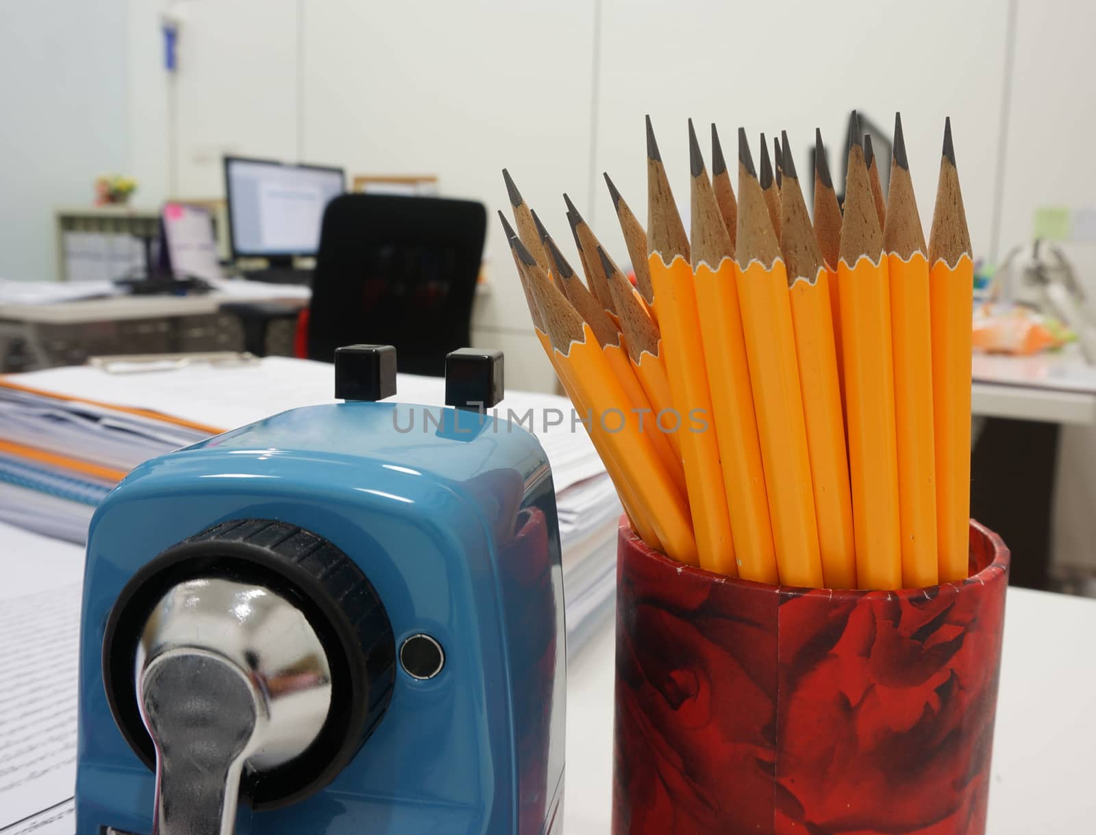 Office supplies placed on the desk in the office.                               