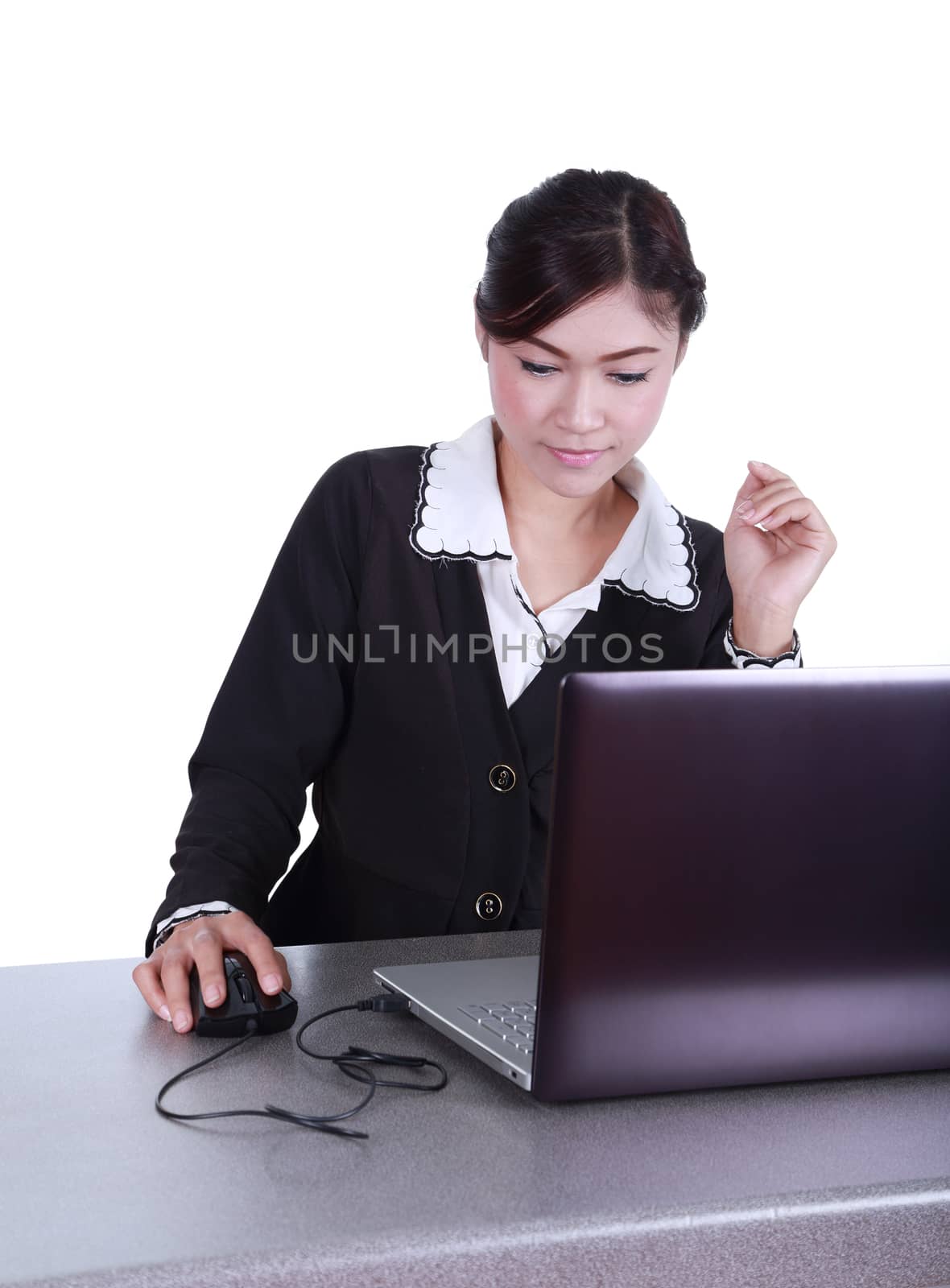 Business woman with a laptop - isolated on white background