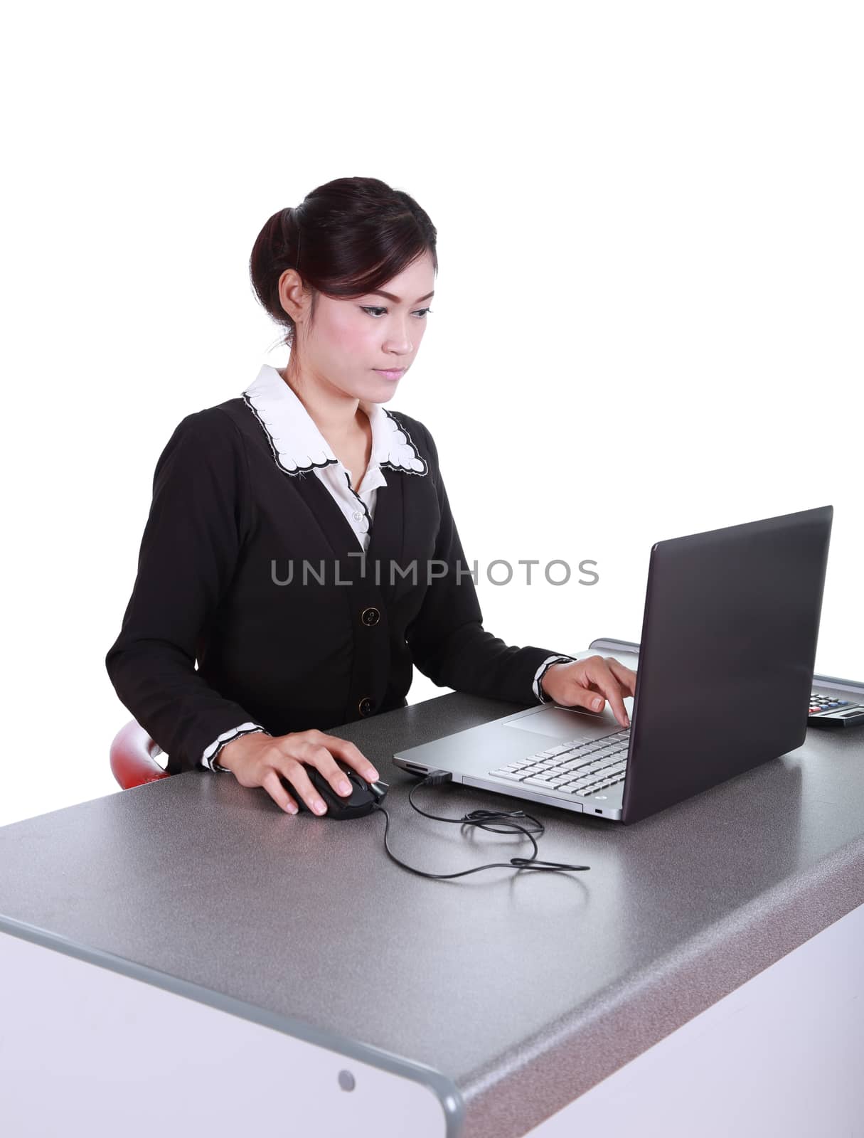 Business woman with a laptop - isolated on white background