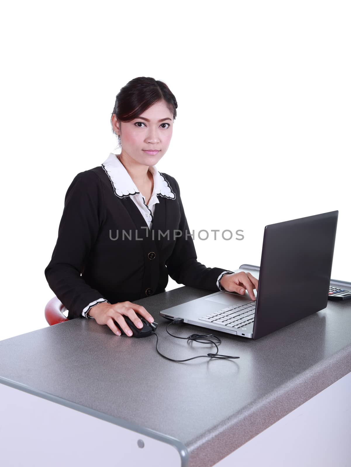 Business woman with a laptop - isolated on white background