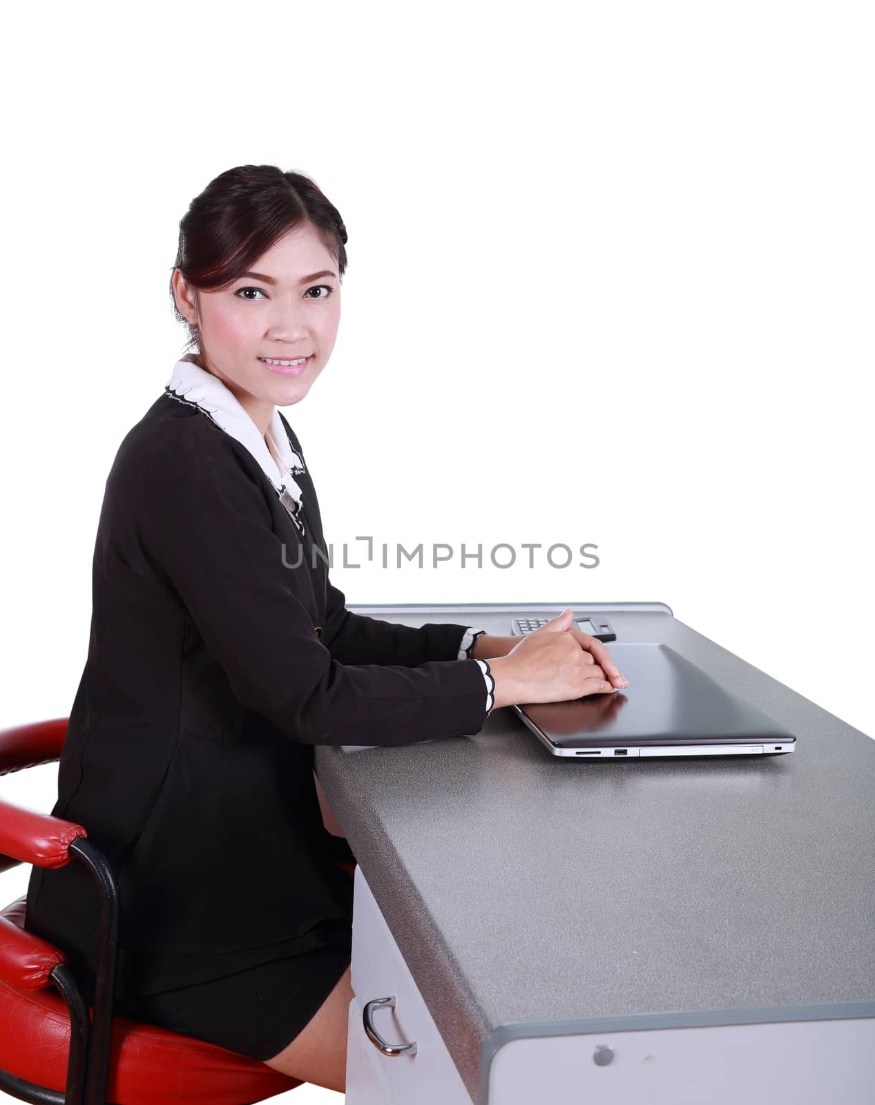 Business woman with a laptop - isolated on white background