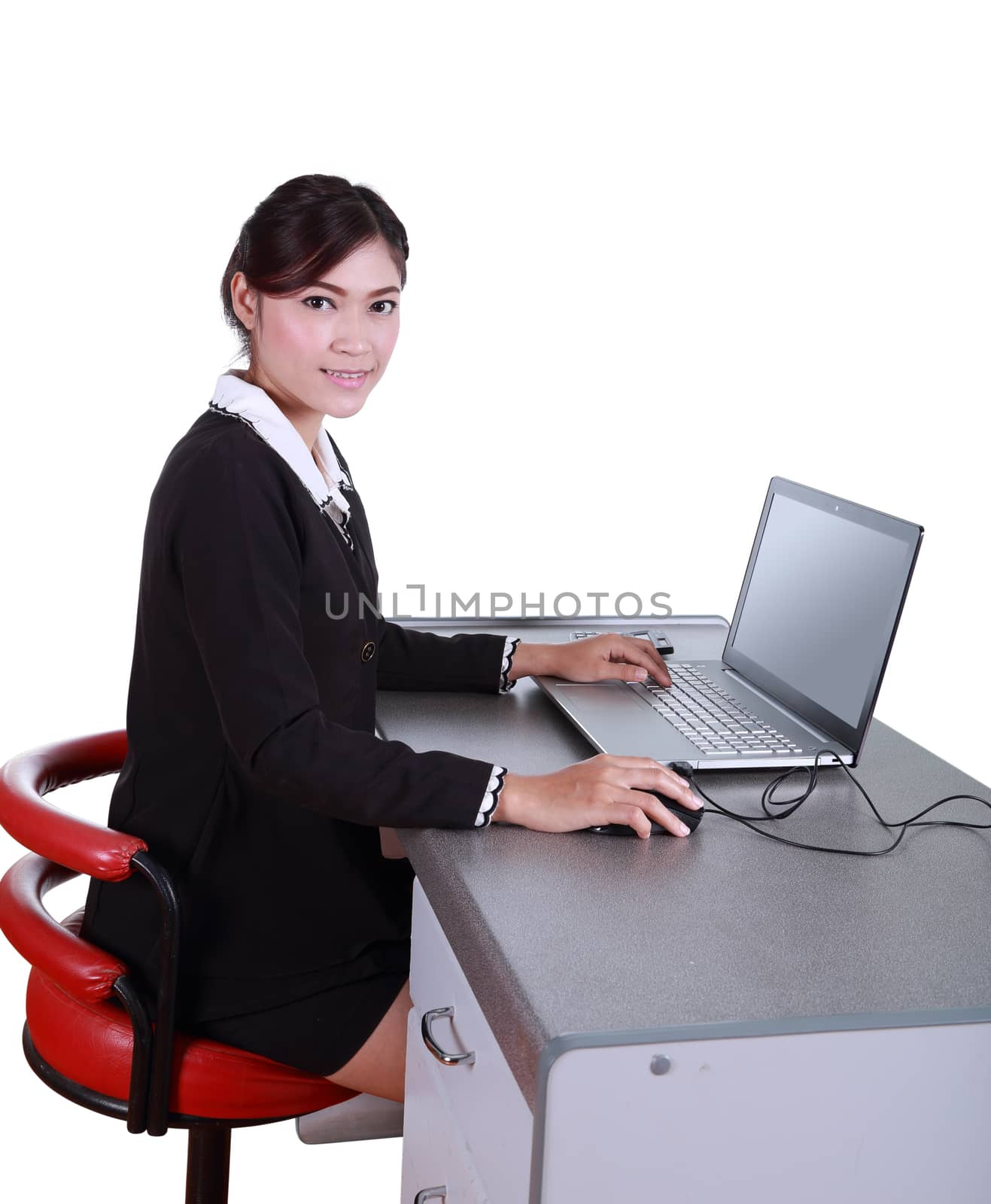 Business woman with a laptop - isolated on white background