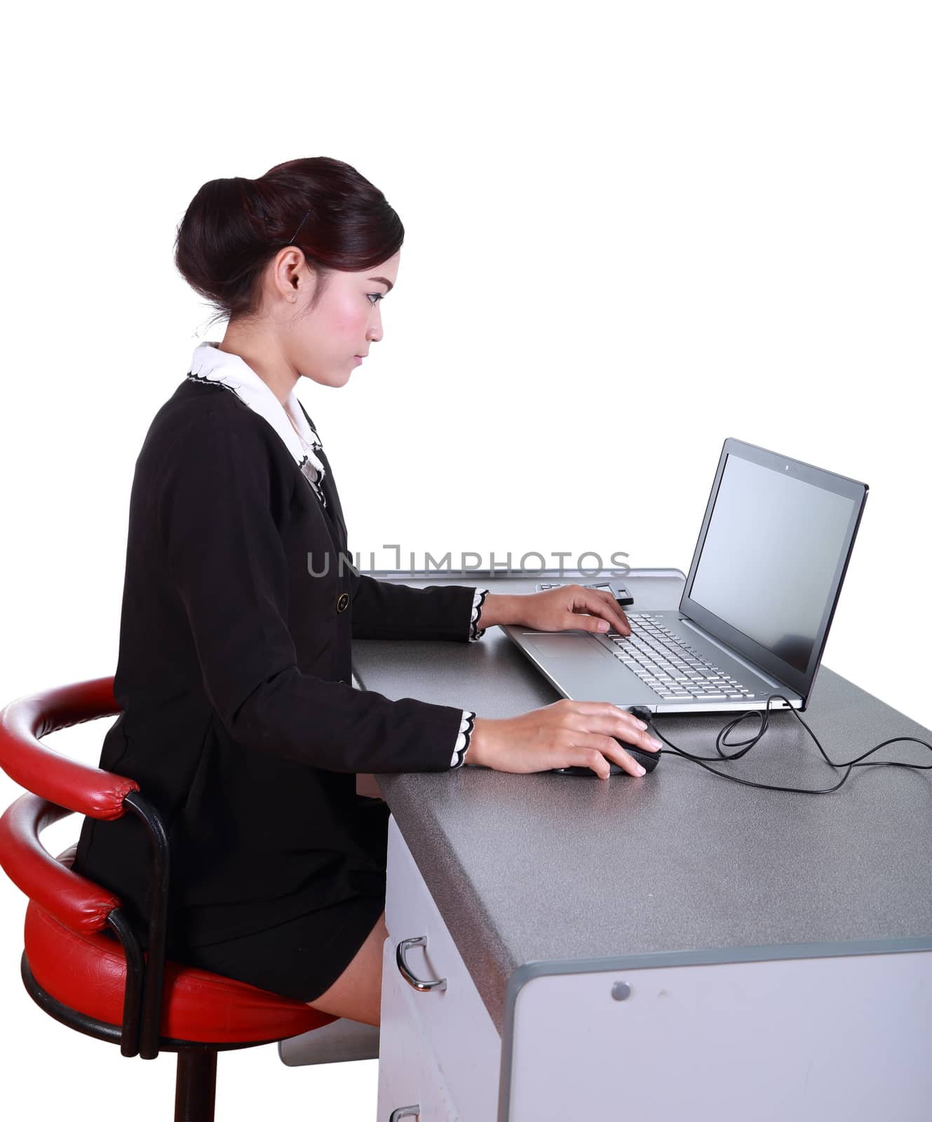 Business woman with a laptop - isolated on white background