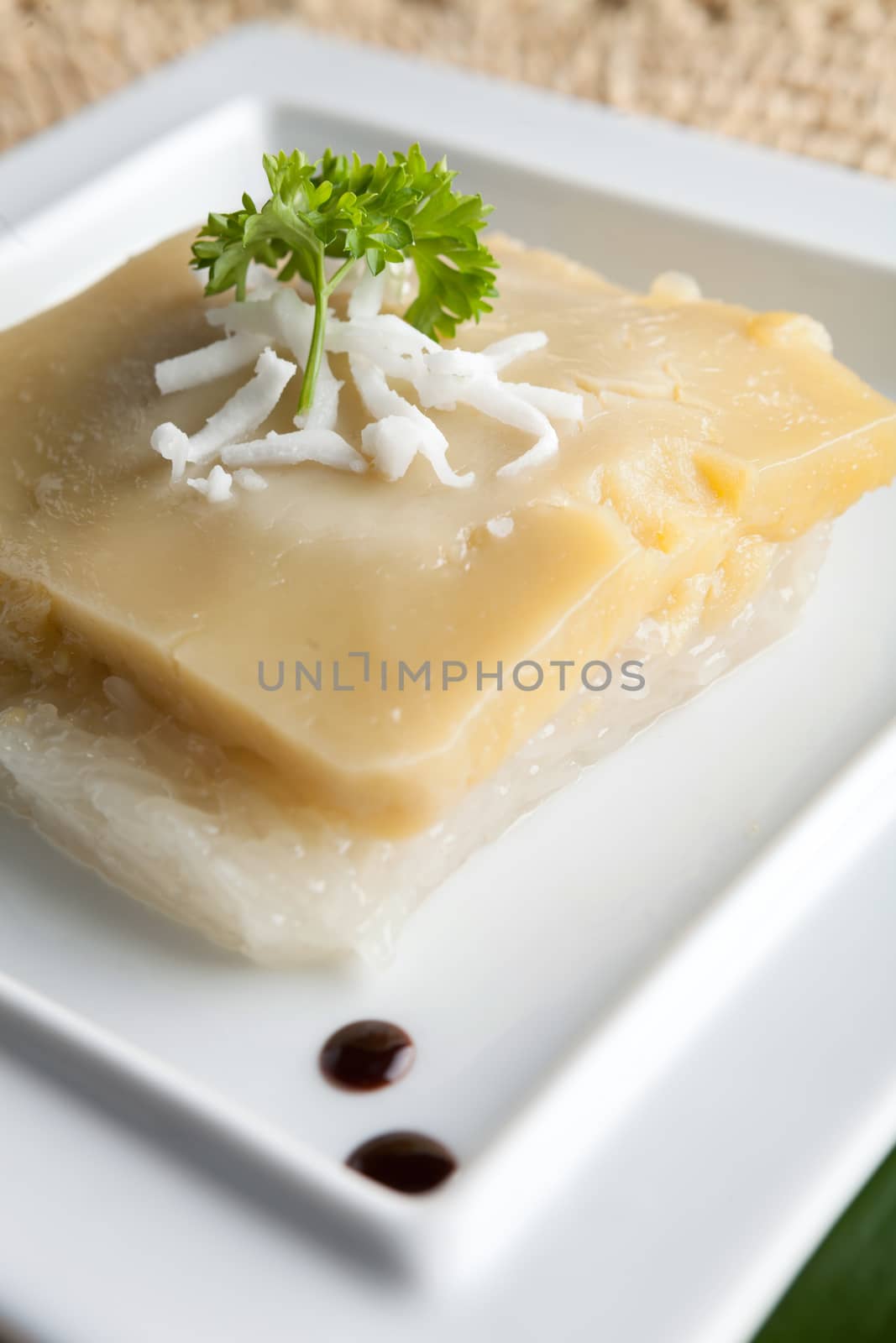 Thai custard with sticky rice garnished on a plate with shredded coconut.