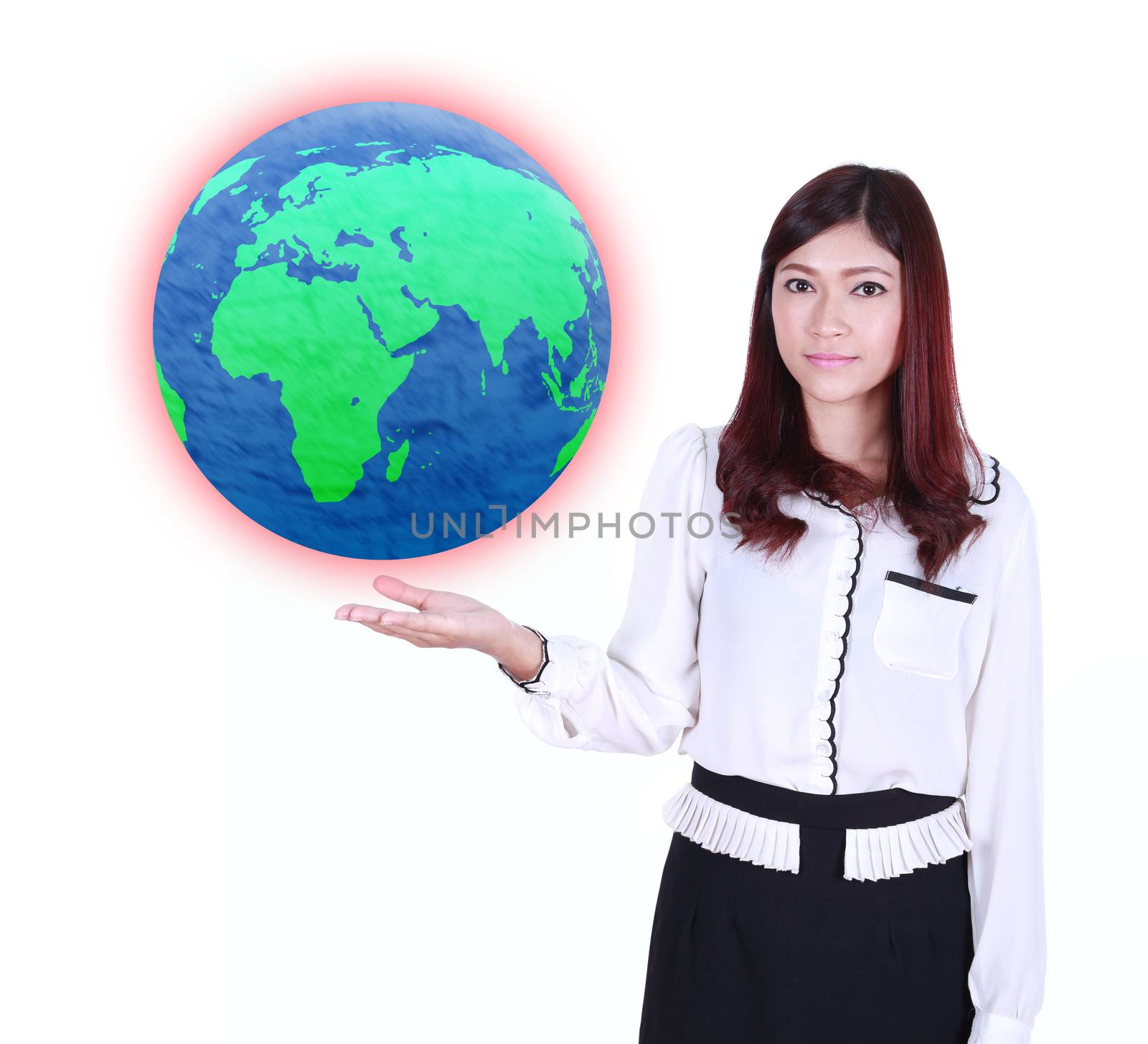 businesswoman holding the Earth in her hand isolated on white background