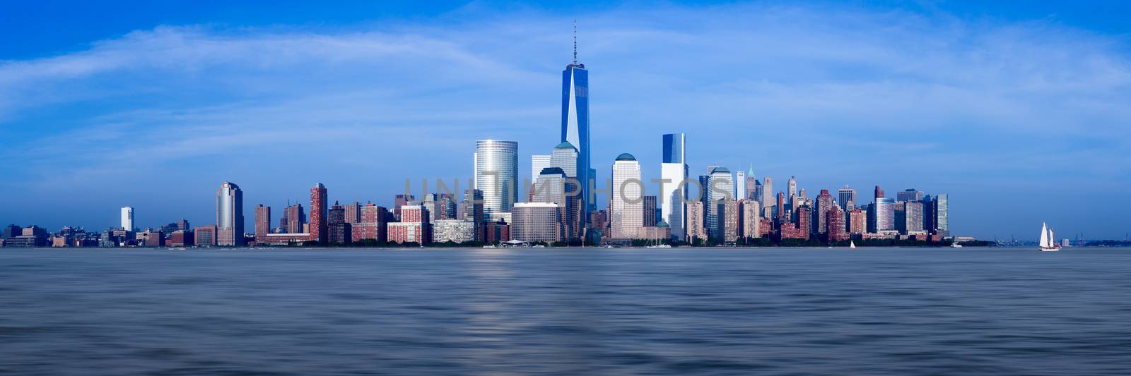 Panorama of lower Manhattan of New York City from Exchange Place at dusk with World Trade Center at full height of 1776 feet