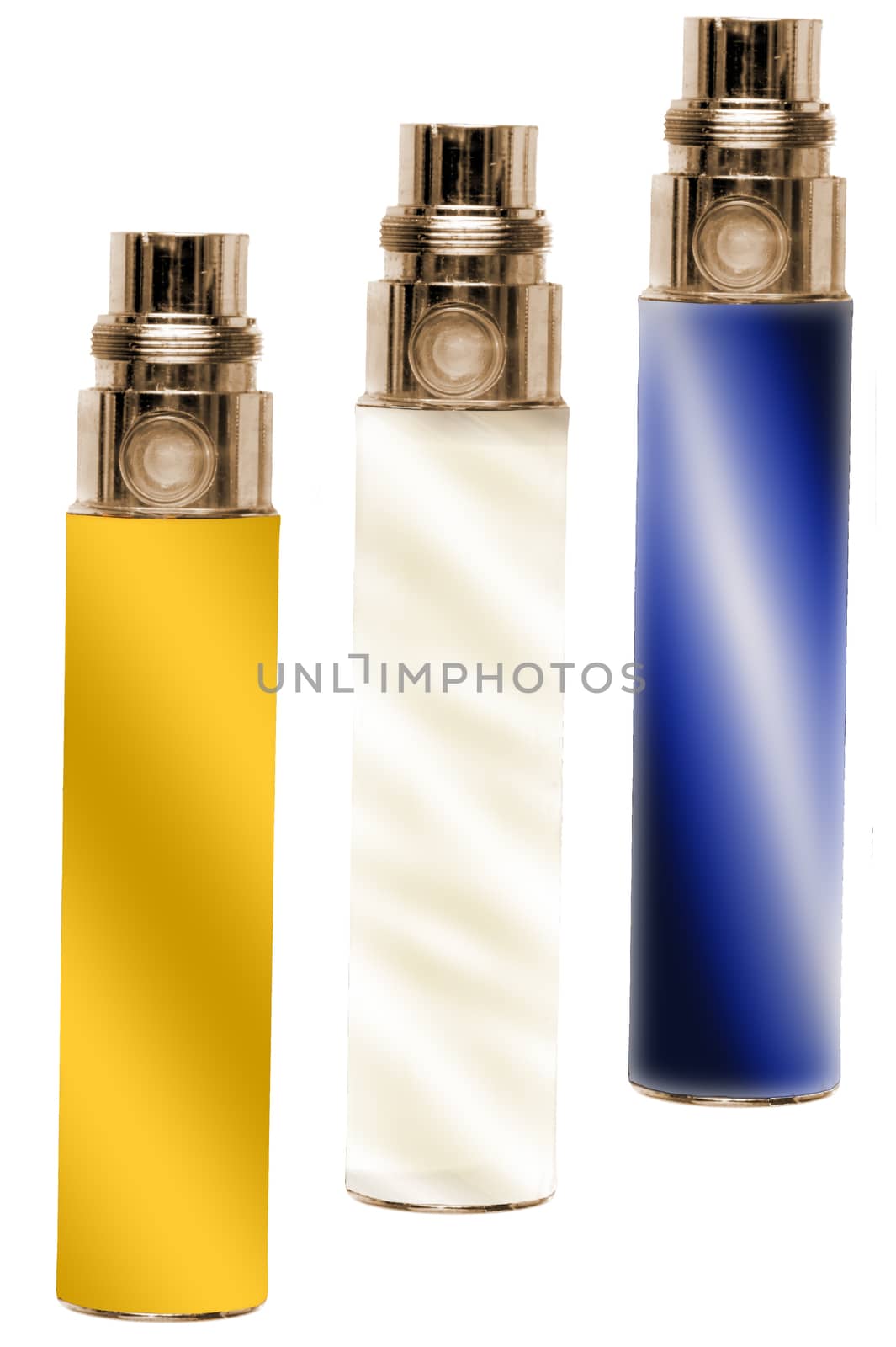 three isolated blue,yellow and white elettronic  cigarettes 