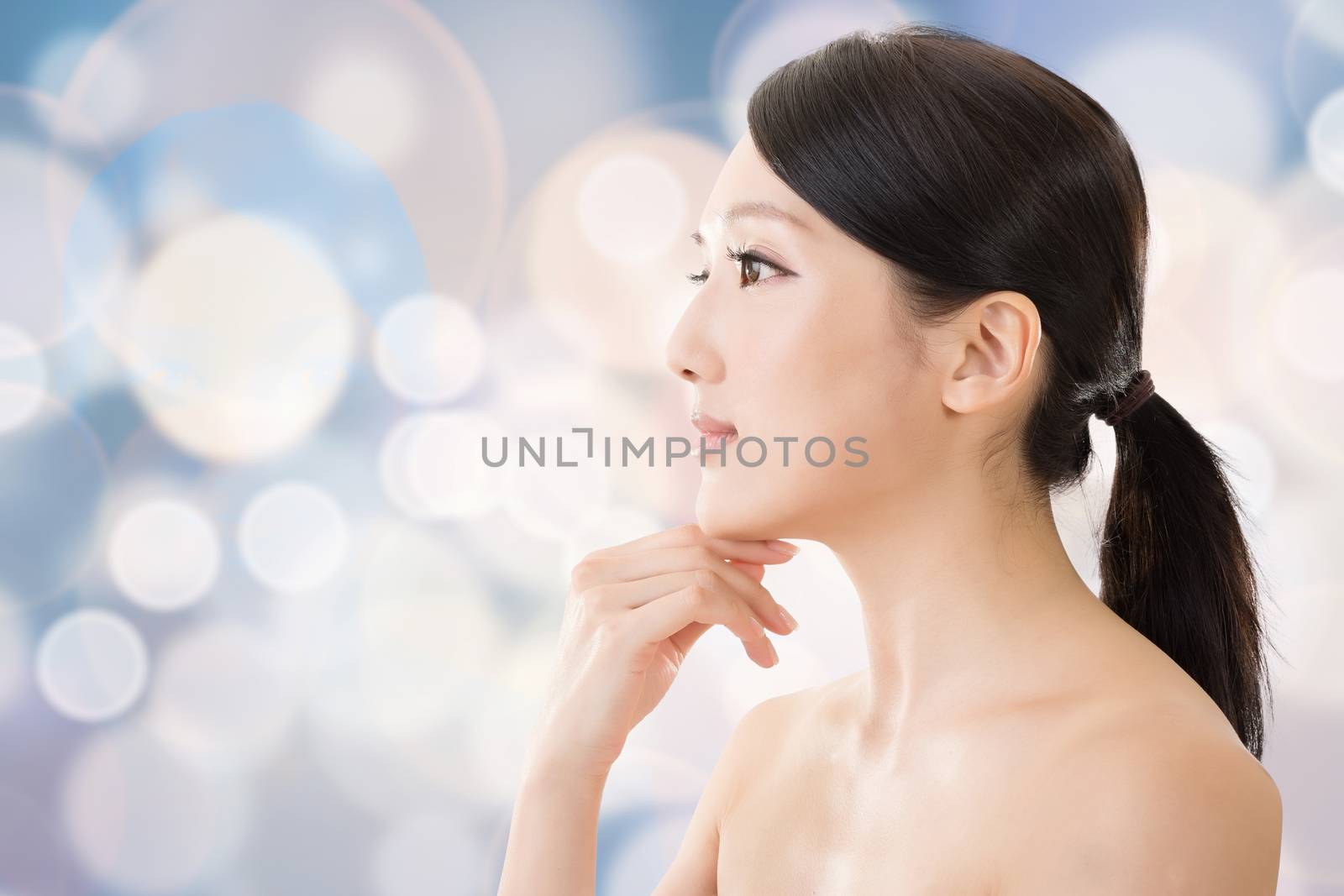 Asian beauty face closeup portrait with clean and fresh elegant lady.