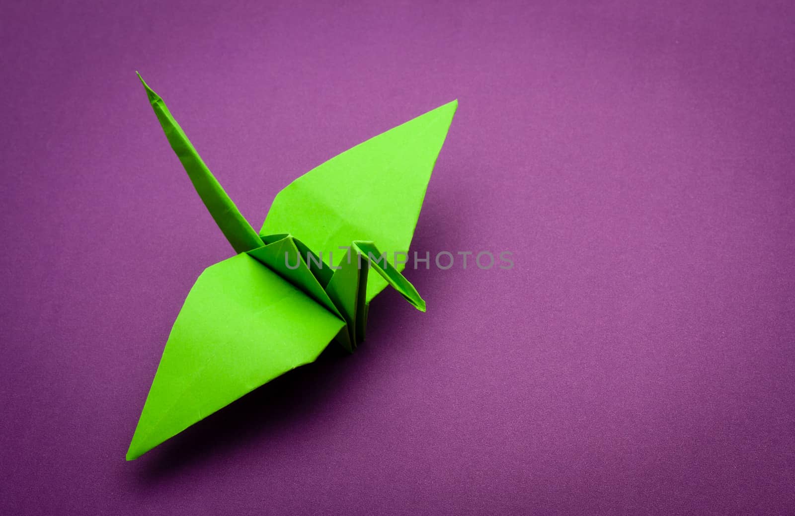 green origami paper crane on purple paper background