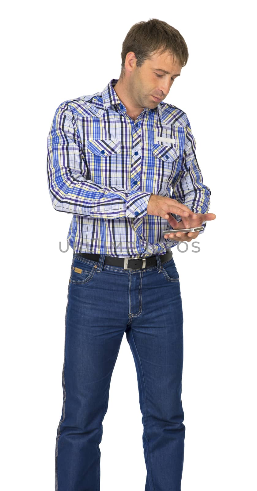 Portrait of man using his smart phone against white background