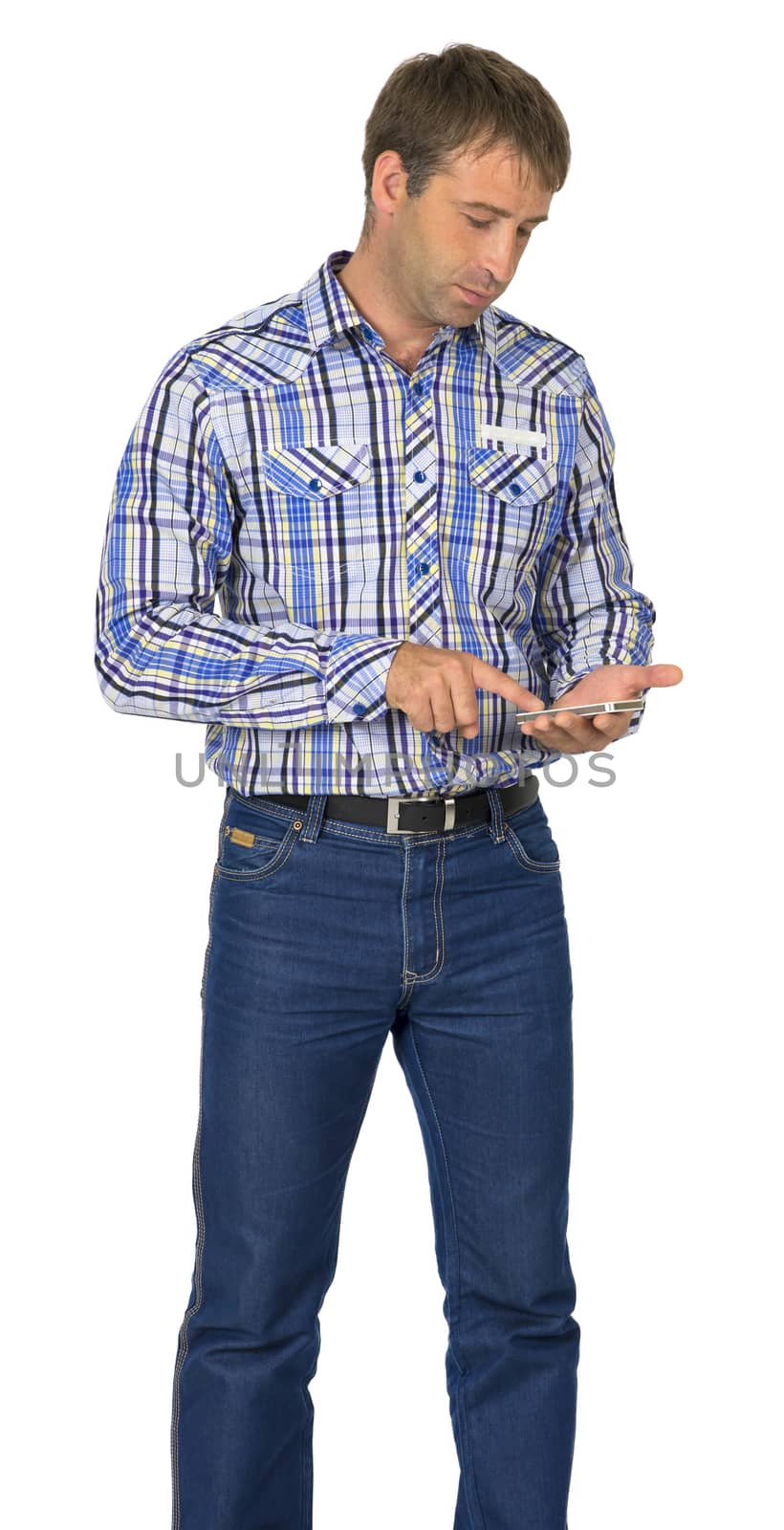 Standing man hold smart phone by cherezoff