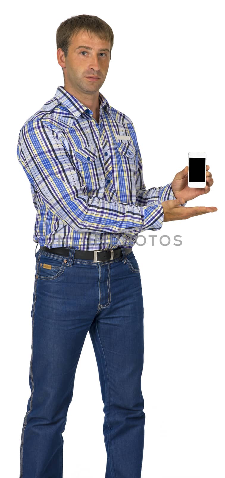 Standing man hold smart phone by cherezoff