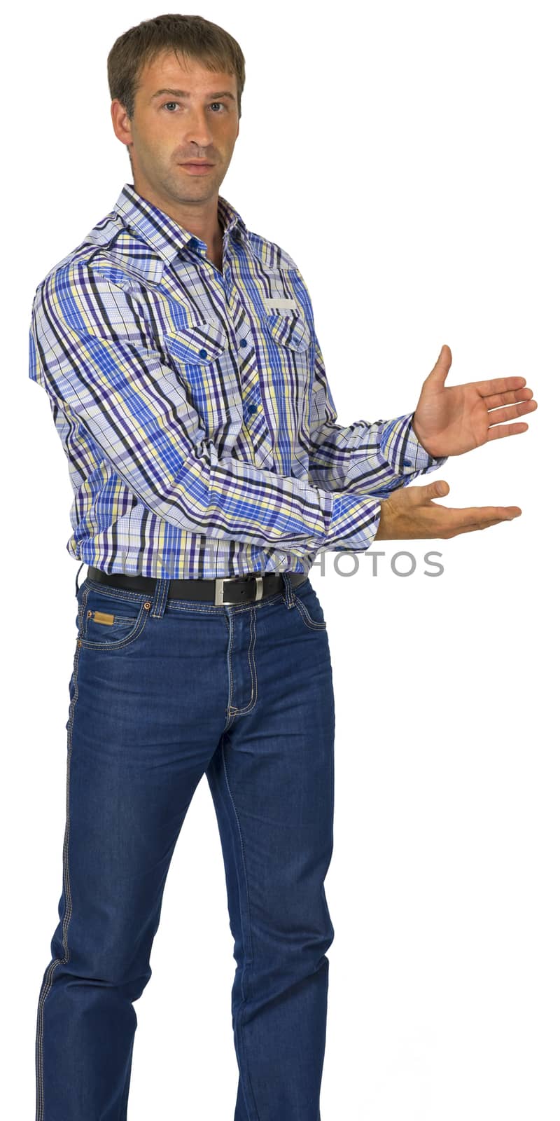 Portrait man holding hands in front of him. white background